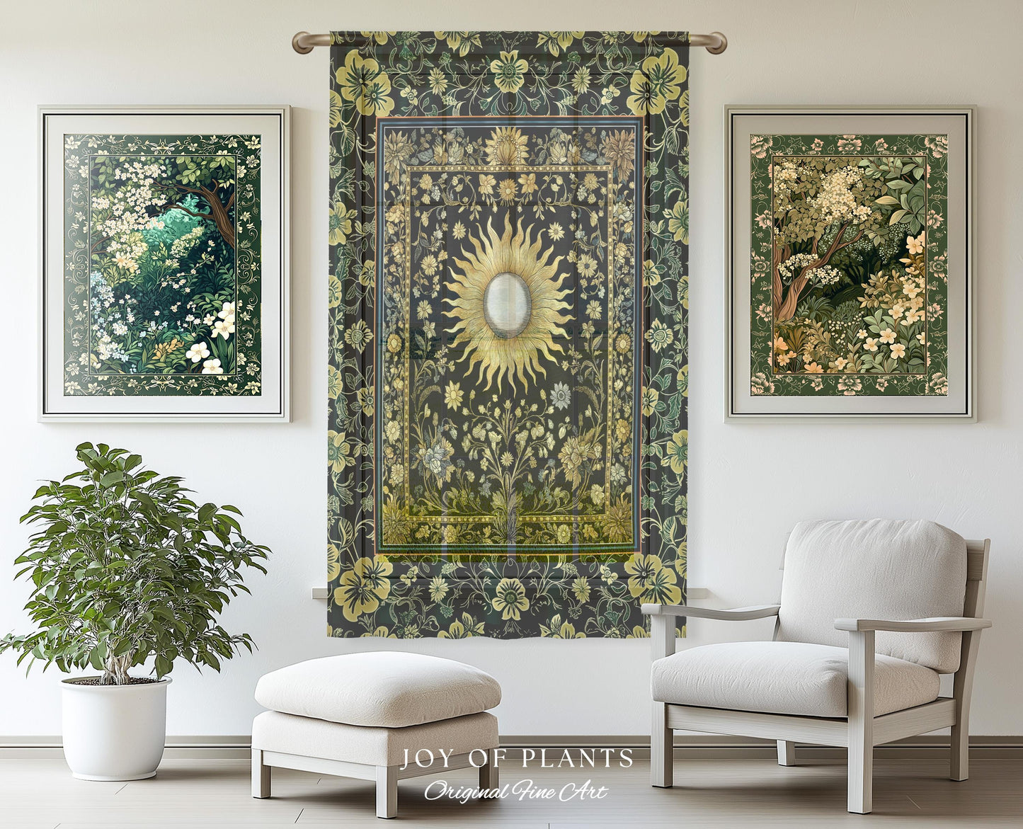 Boho Tarot Sun Window Curtain | Zodiac Inspired Mystical Drapes Floral Whimsical Ethereal Moon and Stars Astrology Aesthetic Witchy Decor |