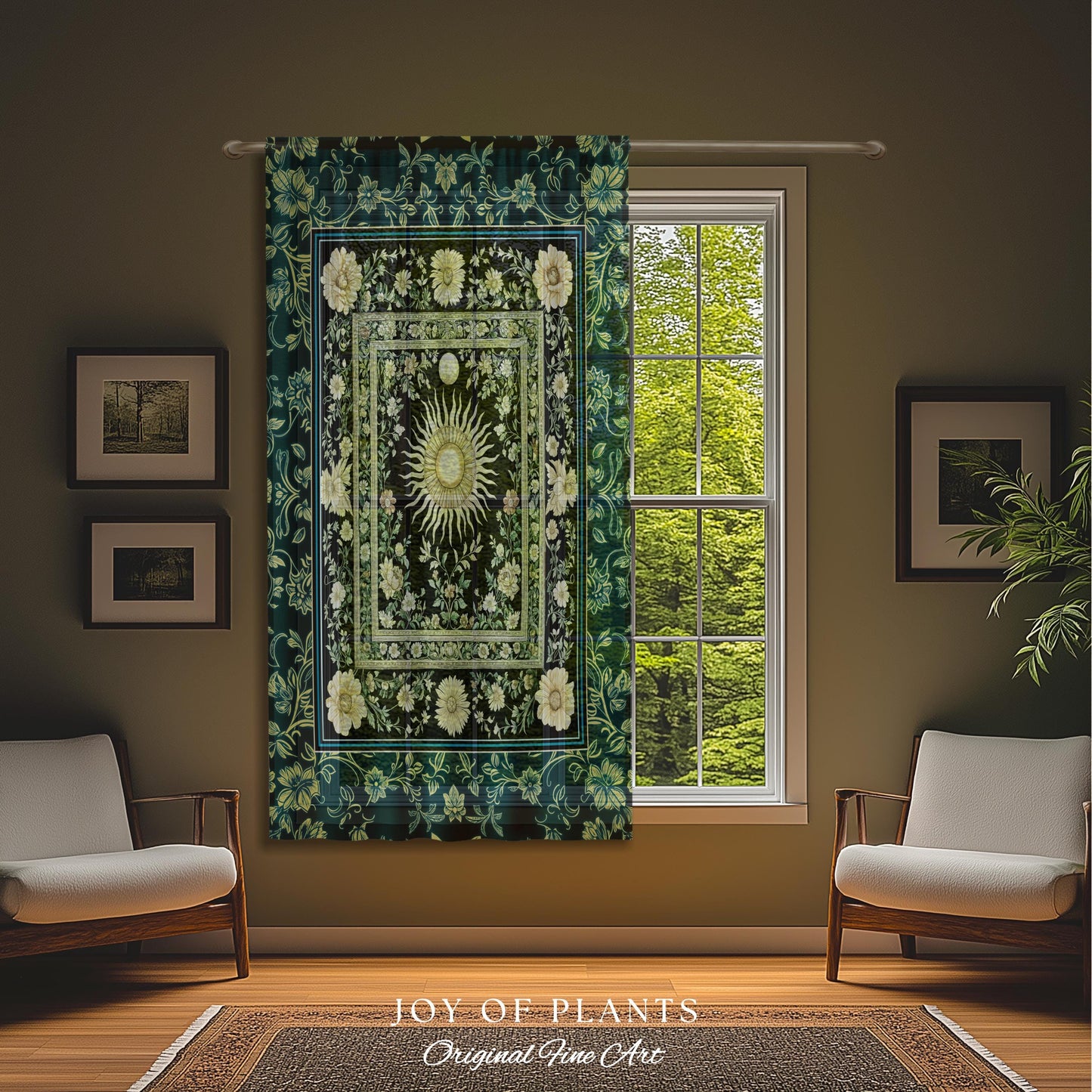 Witchy Celestial Sun Curtain | Magical Mystical Cozy Window Drapes Astrology Tapestry Spiritual Golden Sun Dark Academia Maximalist Bohemian