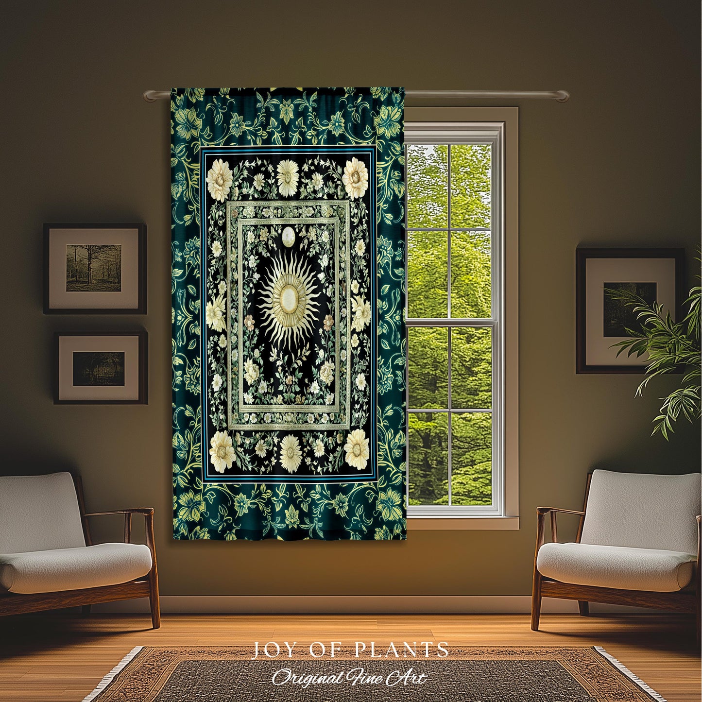Witchy Celestial Sun Curtain | Magical Mystical Cozy Window Drapes Astrology Tapestry Spiritual Golden Sun Dark Academia Maximalist Bohemian