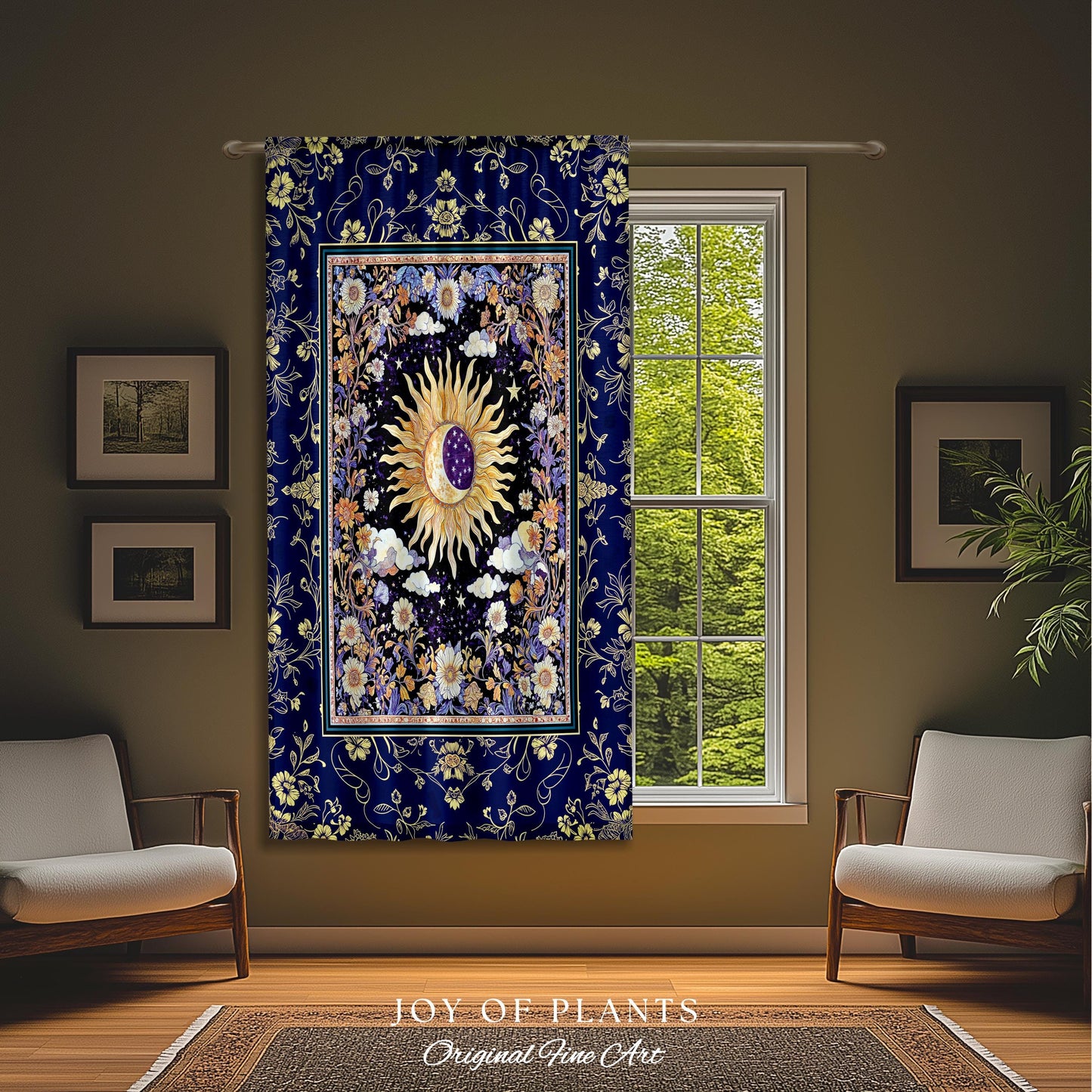 Cosmic Whimsy Fairycore Curtain | Ethereal Sun Drapes for Celestial Bedroom Floral Tarot Theme Sun and Moon Colorful Maximalist Witchy Style