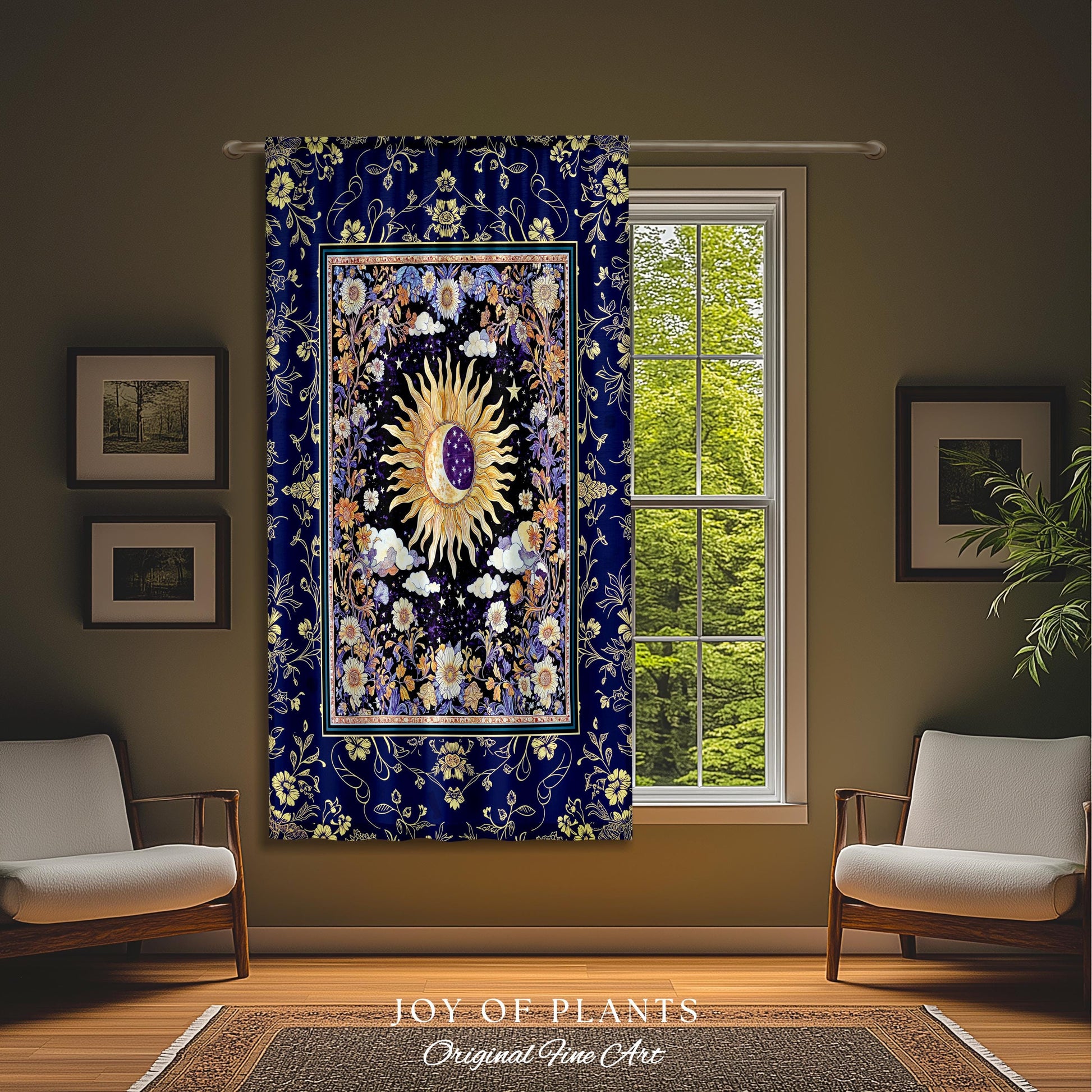 Cosmic Whimsy Fairycore Curtain | Ethereal Sun Drapes for Celestial Bedroom Floral Tarot Theme Sun and Moon Colorful Maximalist Witchy Style