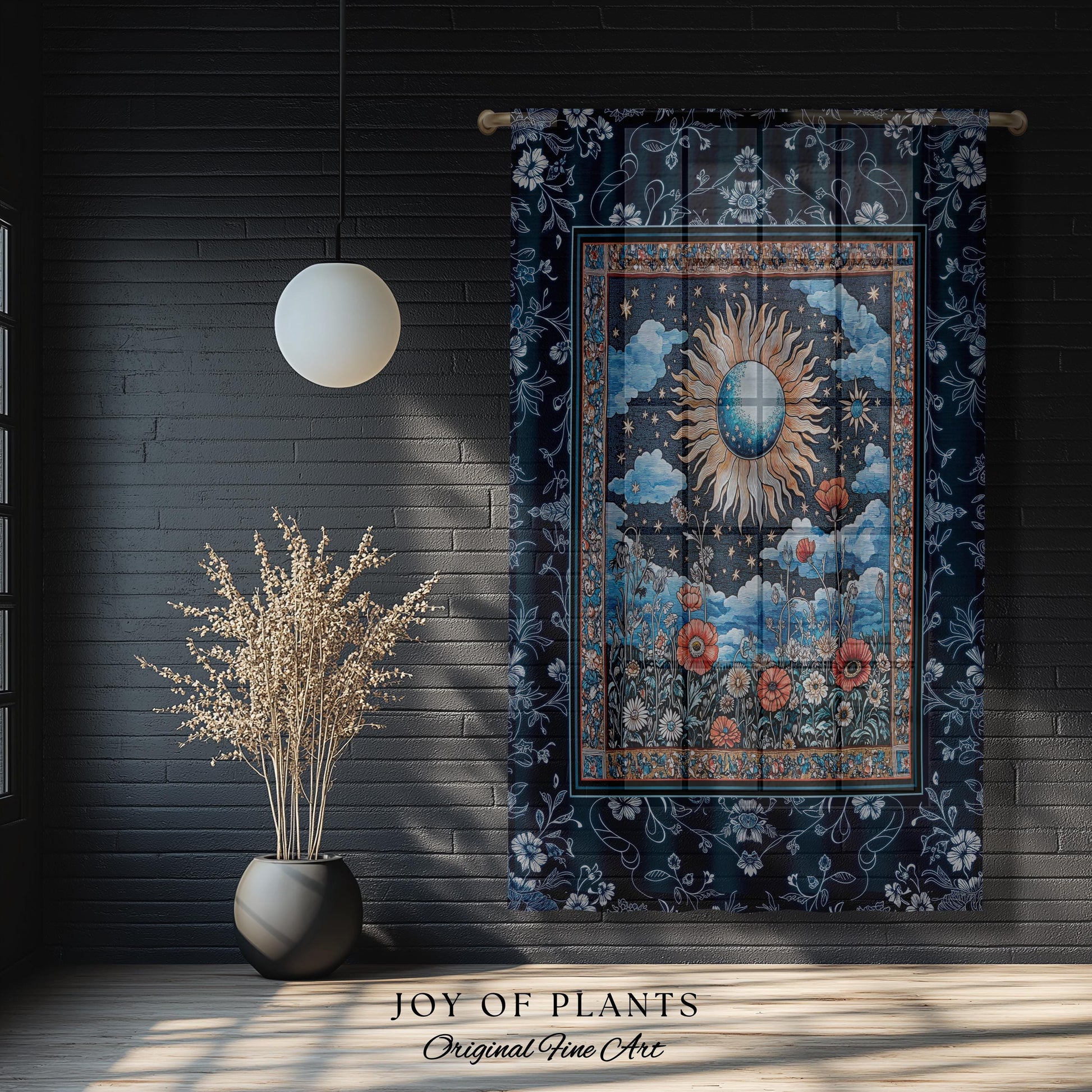 Retro Astrology Window Curtains | Whimsigothic Bedroom Maximalist Hippie Floral Woven Tapestry Psychedelic Cottagecore Ethereal Aesthetic |