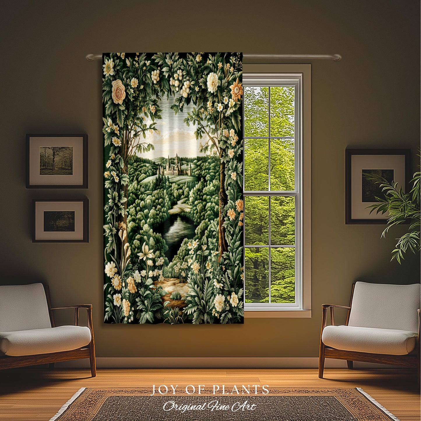 Castle Landscape Botanical Curtains | Fairytale Aesthetic Mystic Garden Drapes Fairycore Woodland Nature Princesscore Blackout Panel Floral