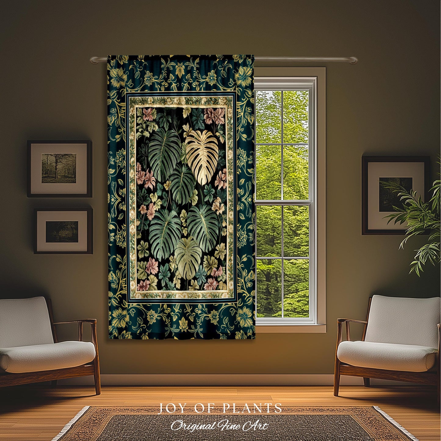 Botanical Cozy Curtain Maximalist Jungle | Plant Lady Decor Monstera Deliciosa Bedroom Woodland Magical Dark Academia Emerald Style Drapes