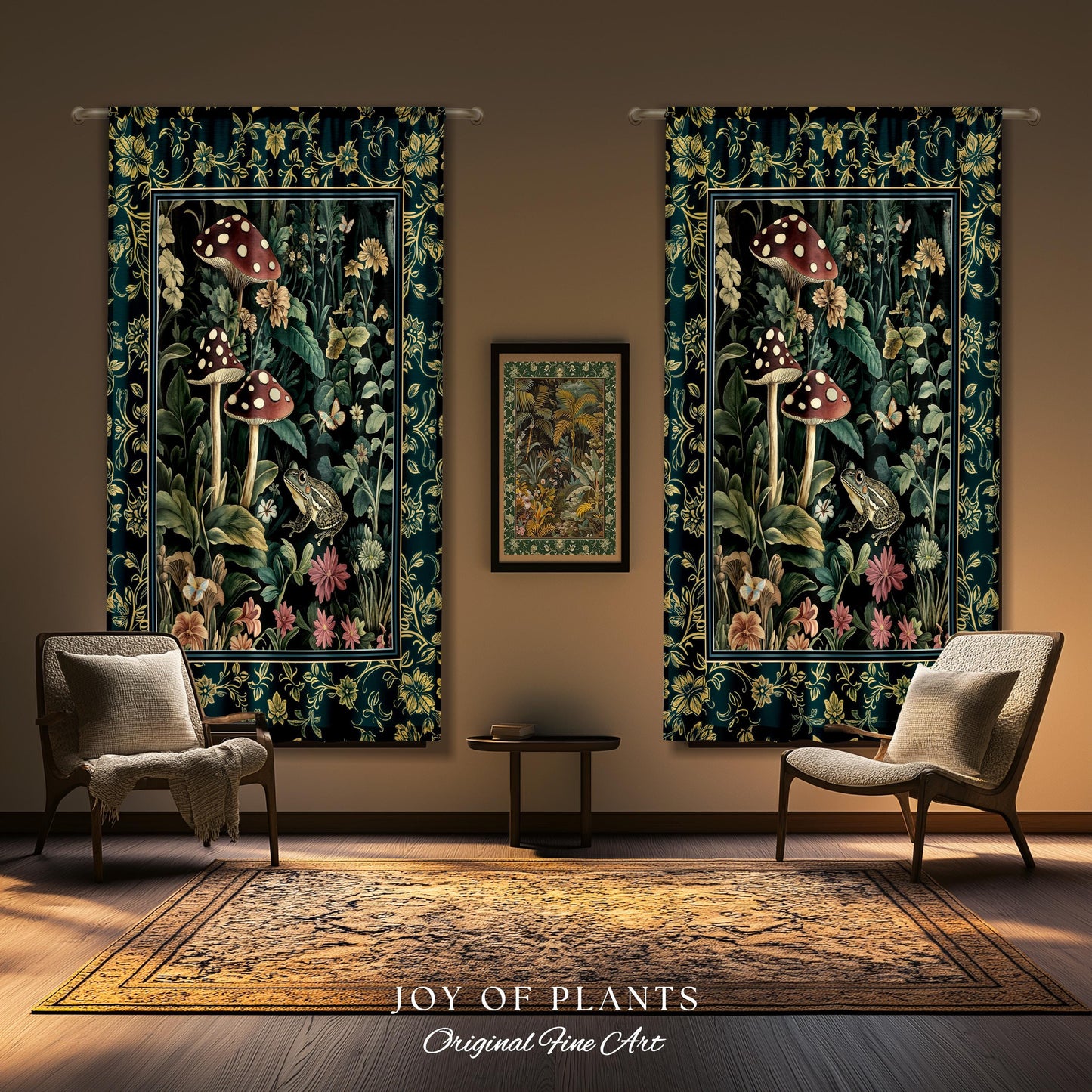 Fairytale Forest Mushroom Frog Curtain | Trendy Aesthetic Cottagecore Botanical Curtain for Emerald Green Bathroom Funky Woodland Drapes |