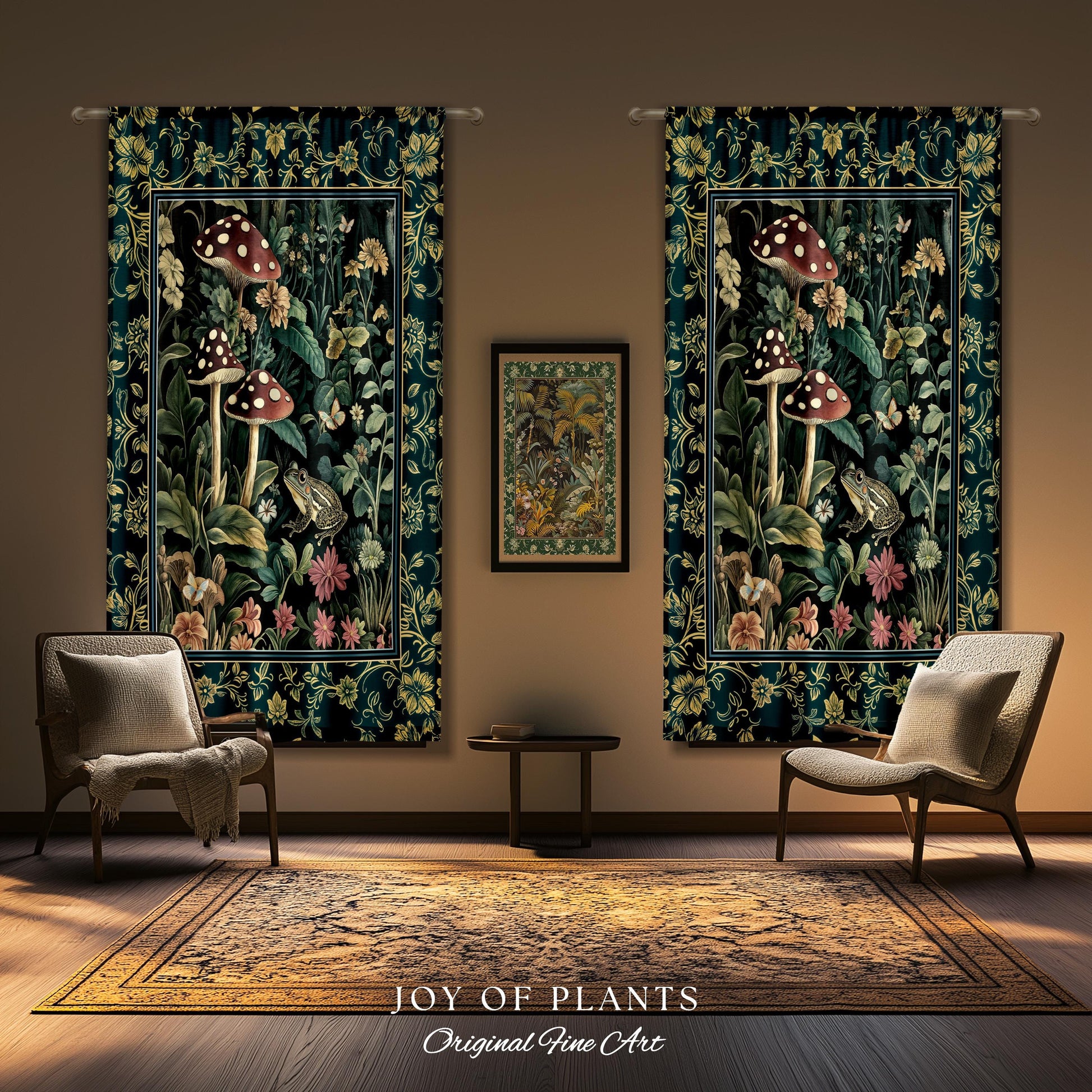 Fairytale Forest Mushroom Frog Curtain | Trendy Aesthetic Cottagecore Botanical Curtain for Emerald Green Bathroom Funky Woodland Drapes |