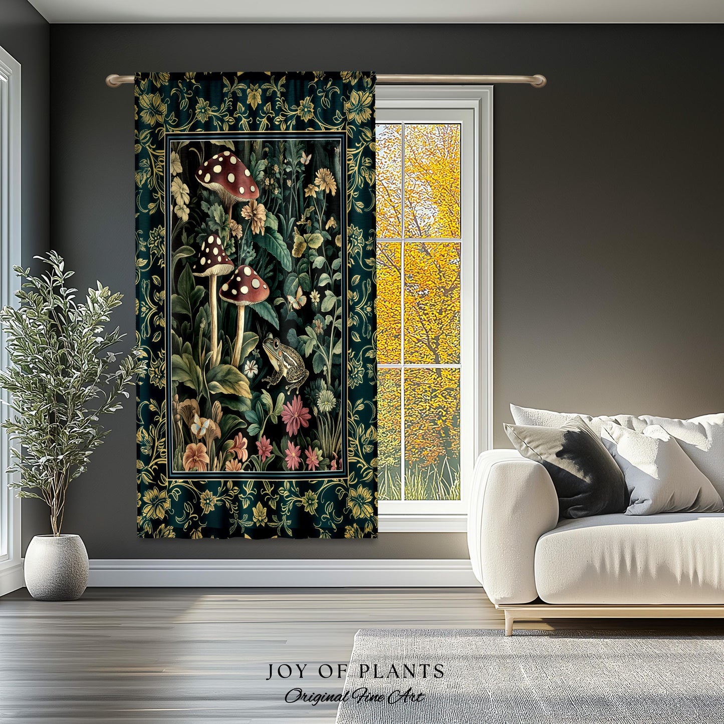 Fairytale Forest Mushroom Frog Curtain | Trendy Aesthetic Cottagecore Botanical Curtain for Emerald Green Bathroom Funky Woodland Drapes |