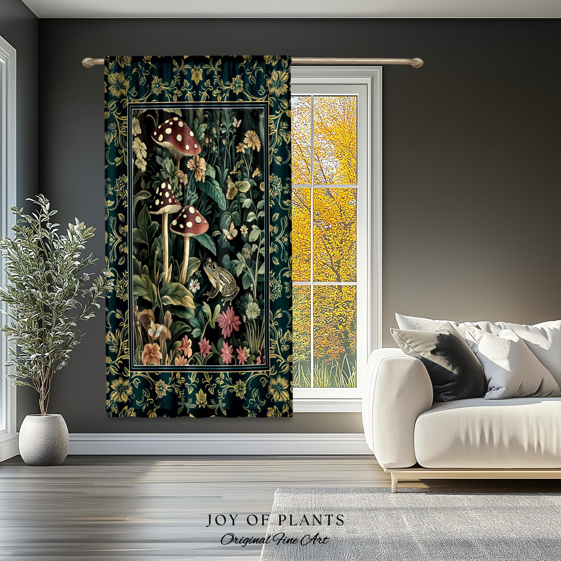 Fairytale Forest Mushroom Frog Curtain | Trendy Aesthetic Cottagecore Botanical Curtain for Emerald Green Bathroom Funky Woodland Drapes |