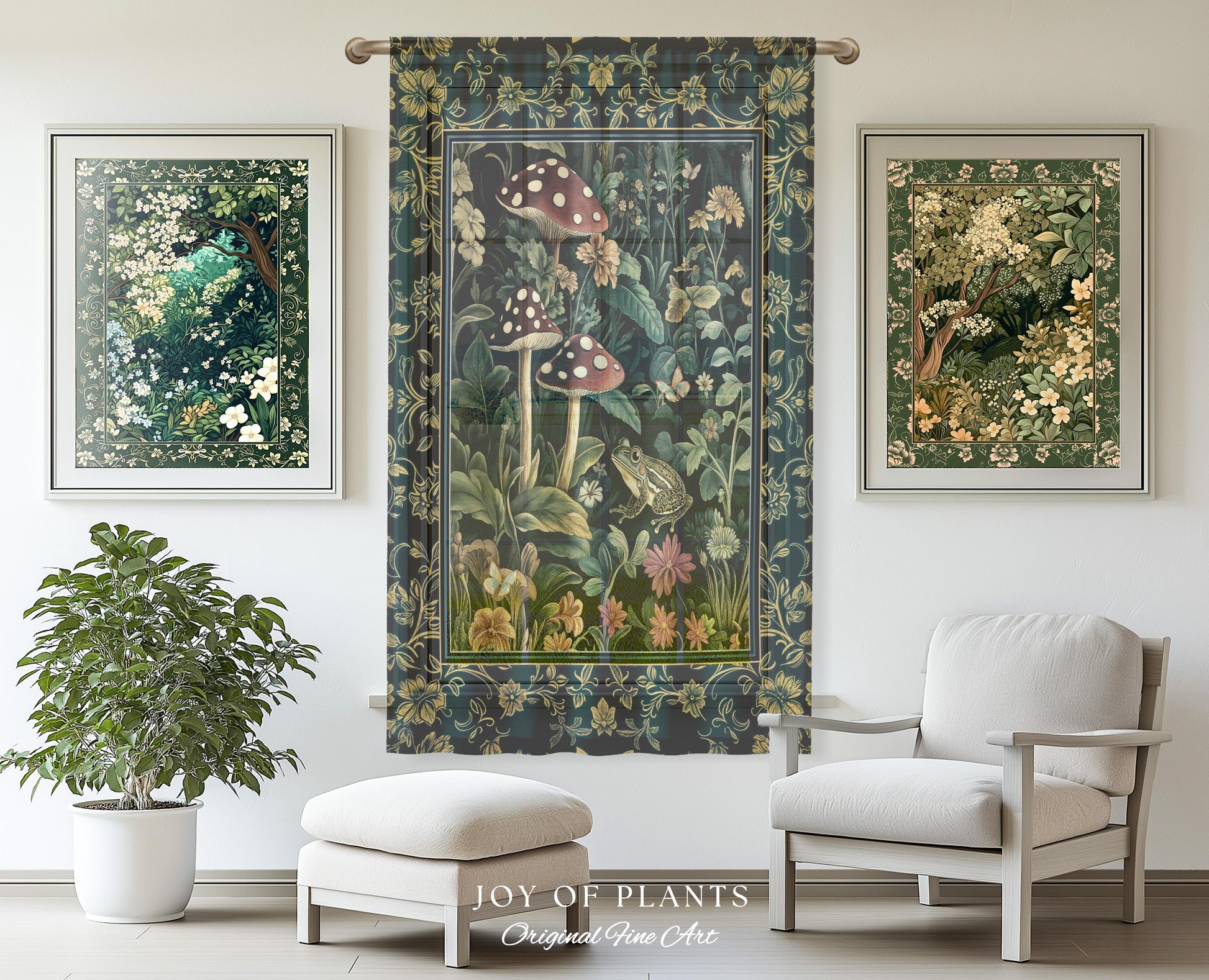 Fairytale Forest Mushroom Frog Curtain | Trendy Aesthetic Cottagecore Botanical Curtain for Emerald Green Bathroom Funky Woodland Drapes |