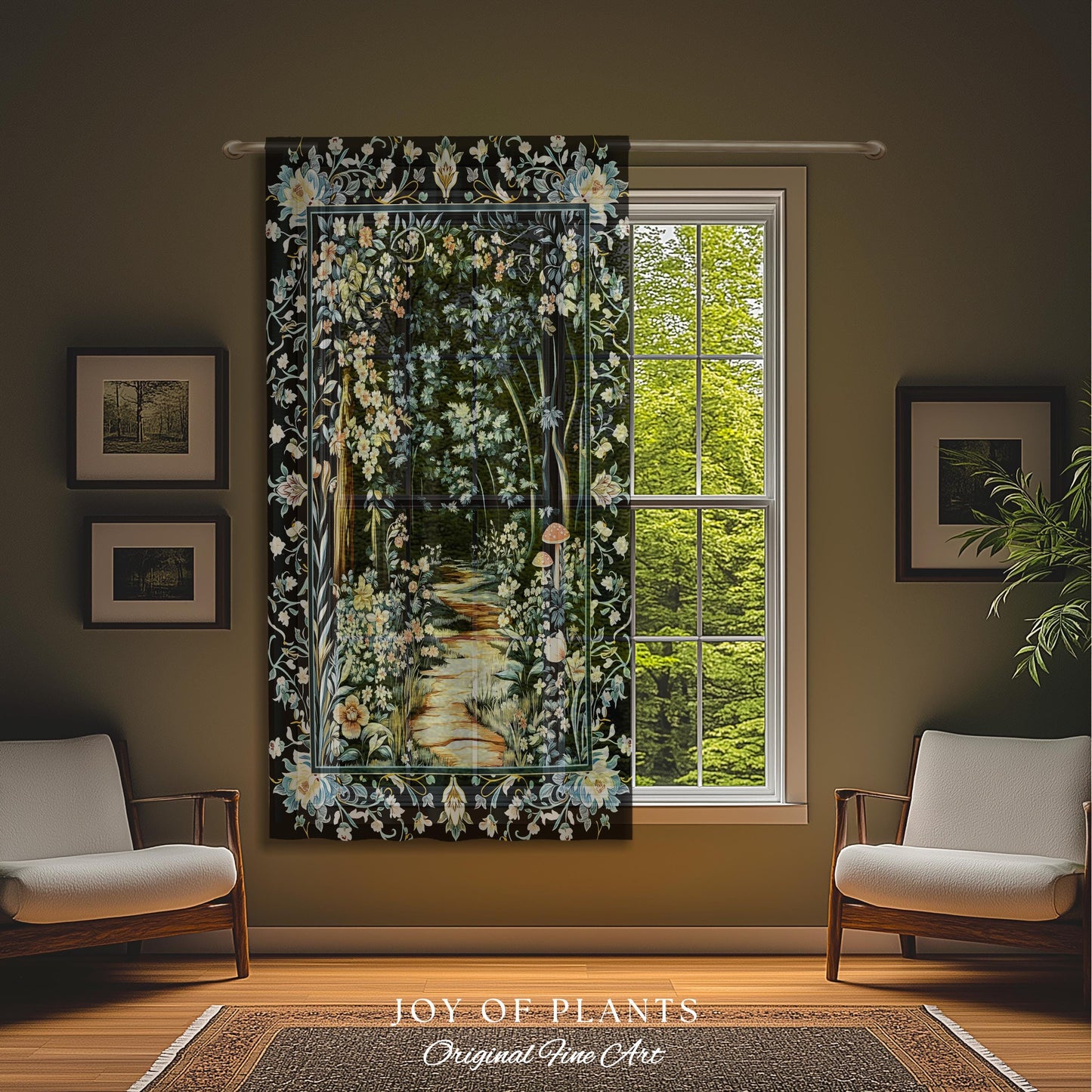 Dreamy Forest Landscape Botanical Curtain | Misty Forest Dark Cottagecore Aesthetic Fairycore Blackout Drapes Magical Jungle Decor Floral |