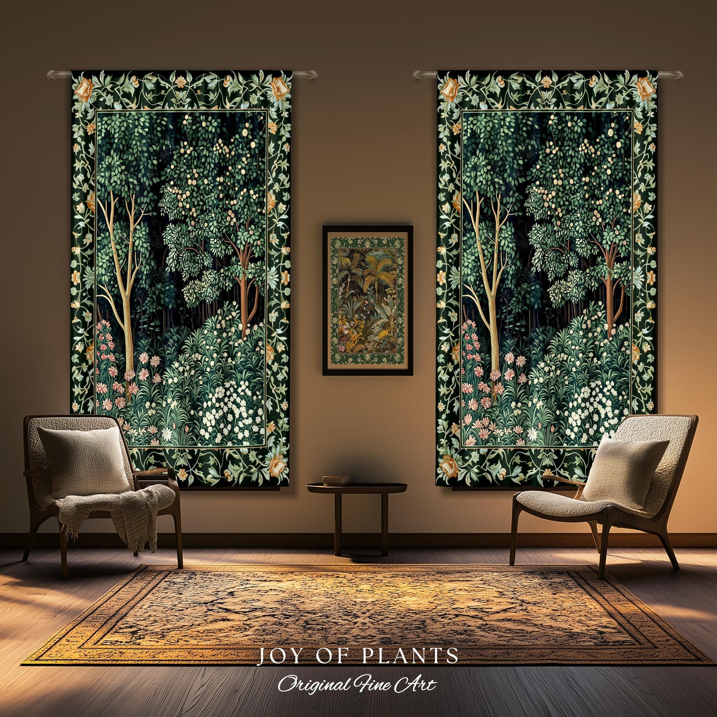 Medieval Forest Botanical Bedroom Accent Curtain | Woodland Botanical Emerald Green Vintage Aesthetic Mystic Storybook Drapes Magical Style