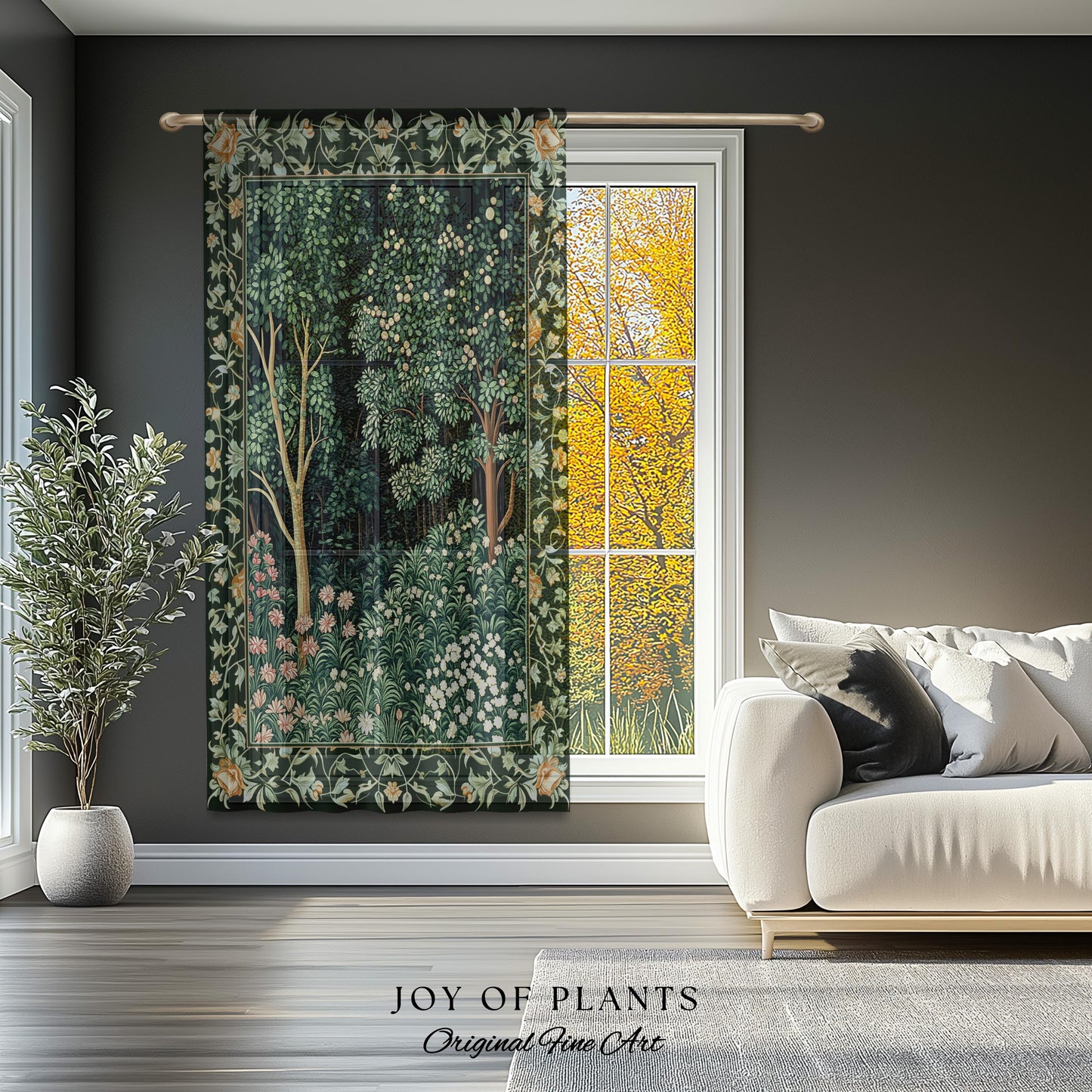Medieval Forest Botanical Bedroom Accent Curtain | Woodland Botanical Emerald Green Vintage Aesthetic Mystic Storybook Drapes Magical Style