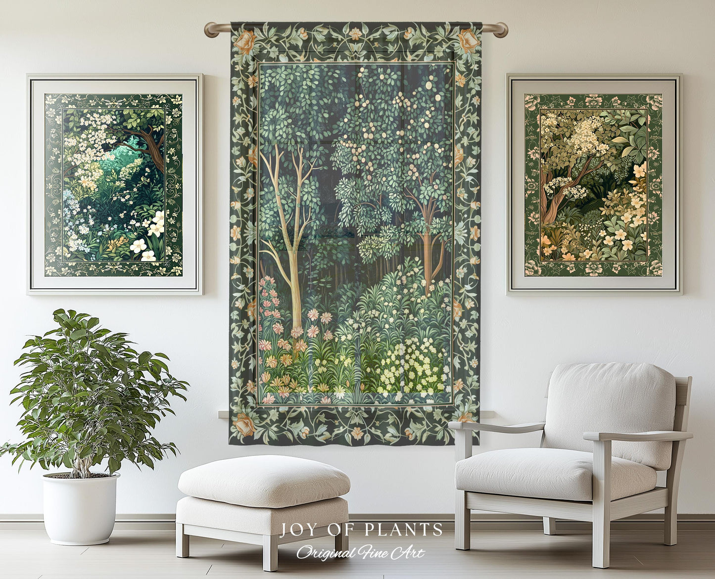 Medieval Forest Botanical Bedroom Accent Curtain | Woodland Botanical Emerald Green Vintage Aesthetic Mystic Storybook Drapes Magical Style