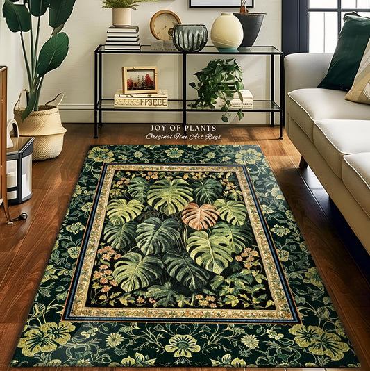 Ethereal Rainforest Greenery Rug | Tropical Jungle Theme Monstera Statement Rug Elegant Botanical Houseplant Aesthetic Emerald Green Bedroom
