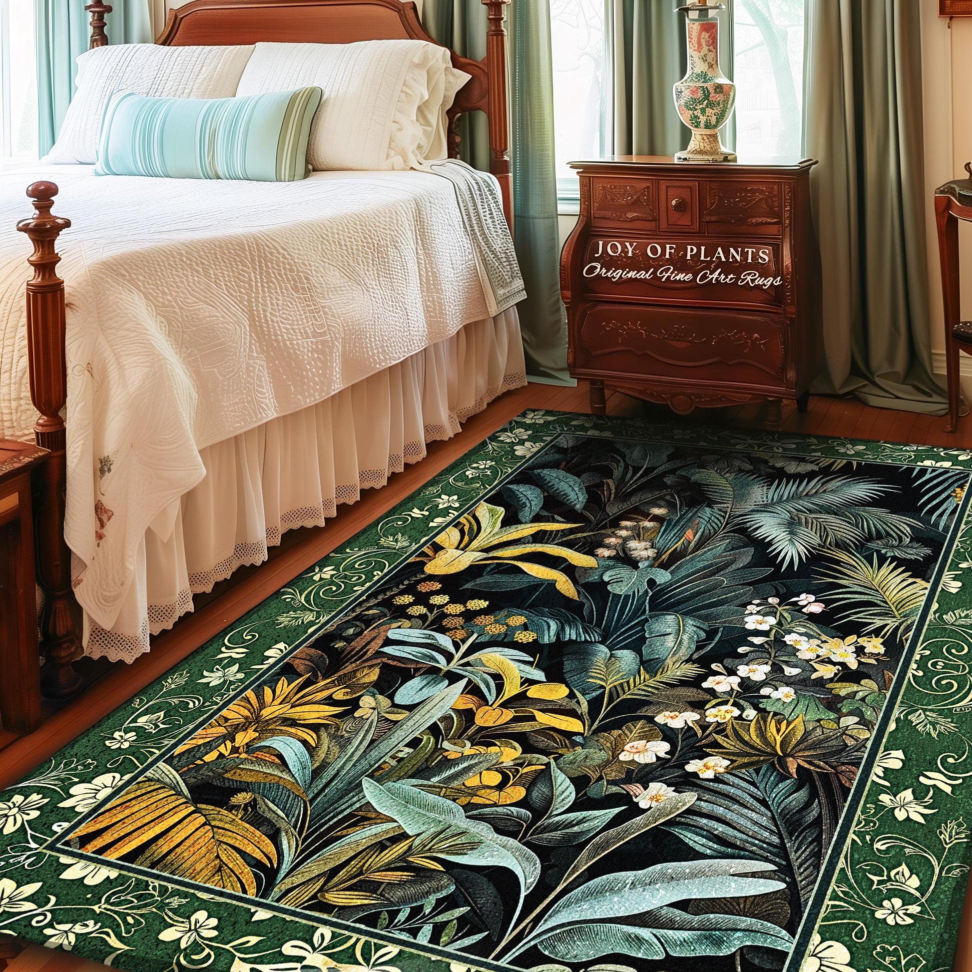 Jungle Leaves Botanical Area Rug | Tropical Jungle Nature Lover Book Nook Cozy Plant Lover Boho Bedroom Decor Elegant Family Room Floor Rug