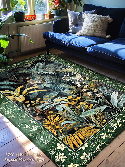 Jungle Leaves Botanical Area Rug | Tropical Jungle Nature Lover Book Nook Cozy Plant Lover Boho Bedroom Decor Elegant Family Room Floor Rug