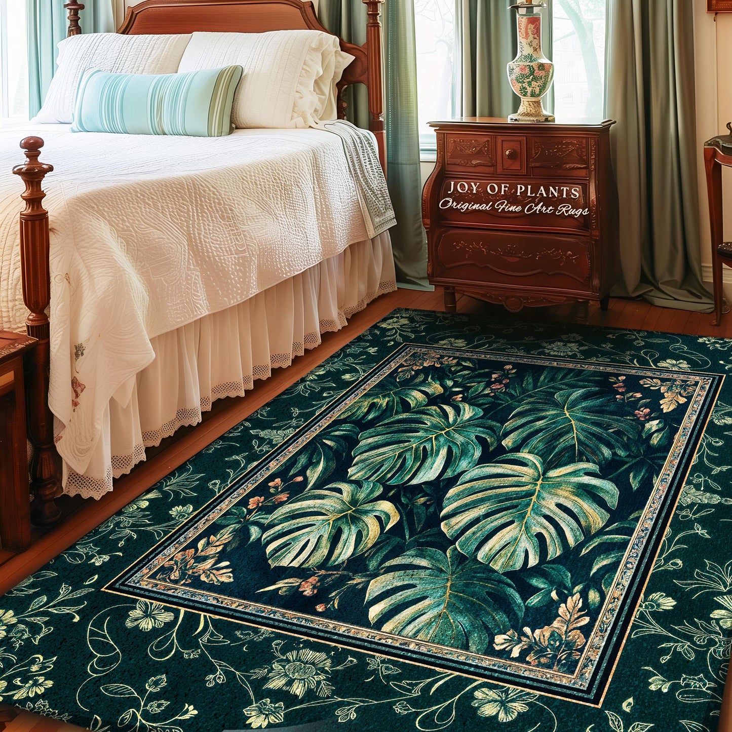 Elegant Botanicals Emerald Area Rug | Tropical Monstera Deliciosa Plant Lover Aesthetic Greenhouse Green Moody Jungle Vibe Dark Maximalist |