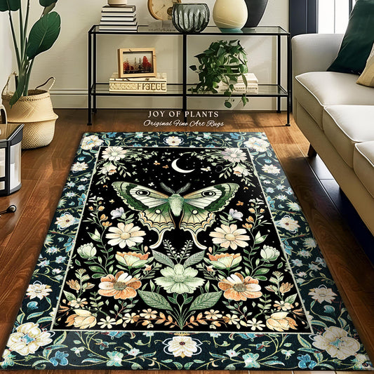 Luna Moth Folklore Aesthetic Rug | Whimsigoth Eclectic Maximalist Accent Rug Cottagecore Dreamy Forestcore Bedroom Antique Green Celestial |