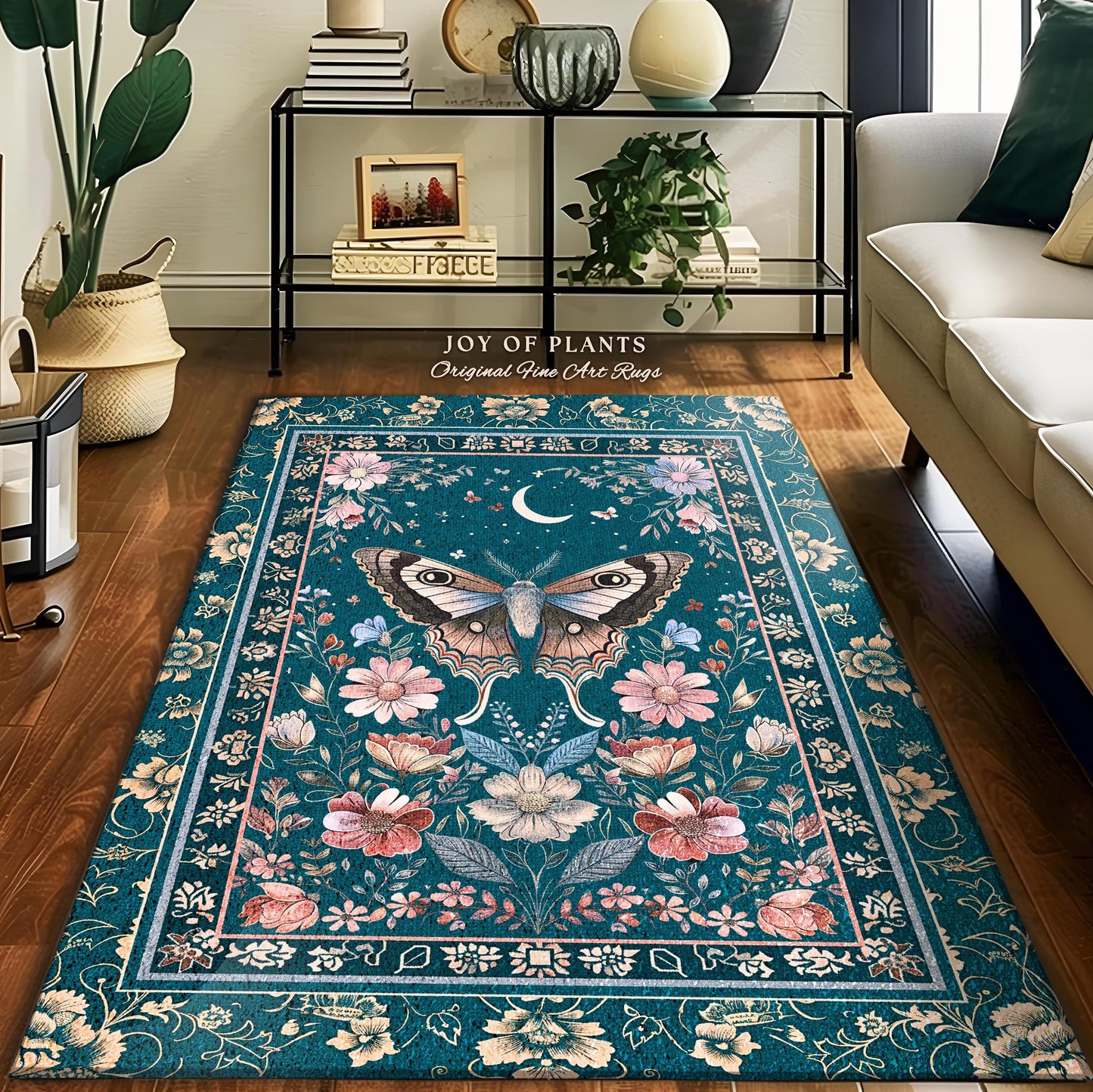Magic Aesthetic Teal Area Rug | Celestial Fairycore Eclectic Maximalist Accent Rug Woodland Cottagecore Forestcore Bedroom Pastel Mysticism