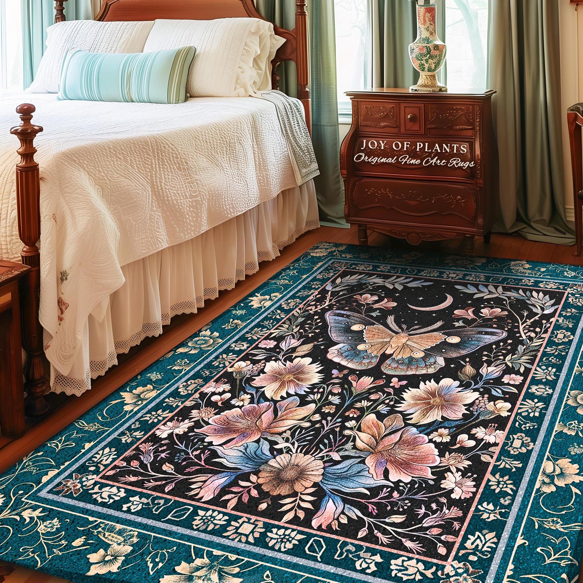Boho Moth Moon Fairycore Area Rug Teal Bohemian Butterfly Floral | Whimsical Celestial Teal Dark Cottagecore Home Accent Maximalist Decor |