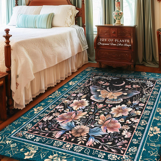 Boho Moth Moon Fairycore Area Rug Teal Bohemian Butterfly Floral | Whimsical Celestial Teal Dark Cottagecore Home Accent Maximalist Decor |