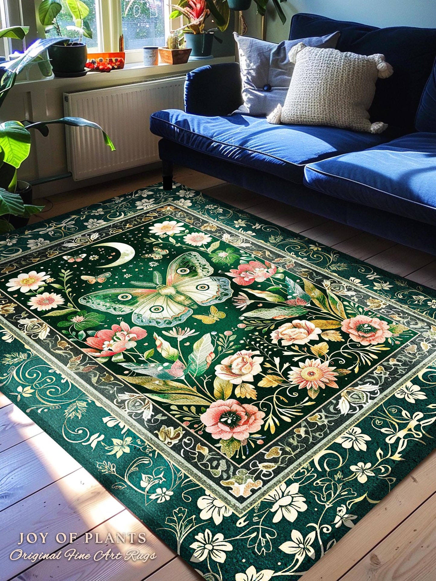 Ethereal Witchy Moth Moon Rug | Whimsical Cottagecore Dreamy Forest Bedroom Antique Green Celestial Woodland Whimsy Butterfly Gothic Decor |