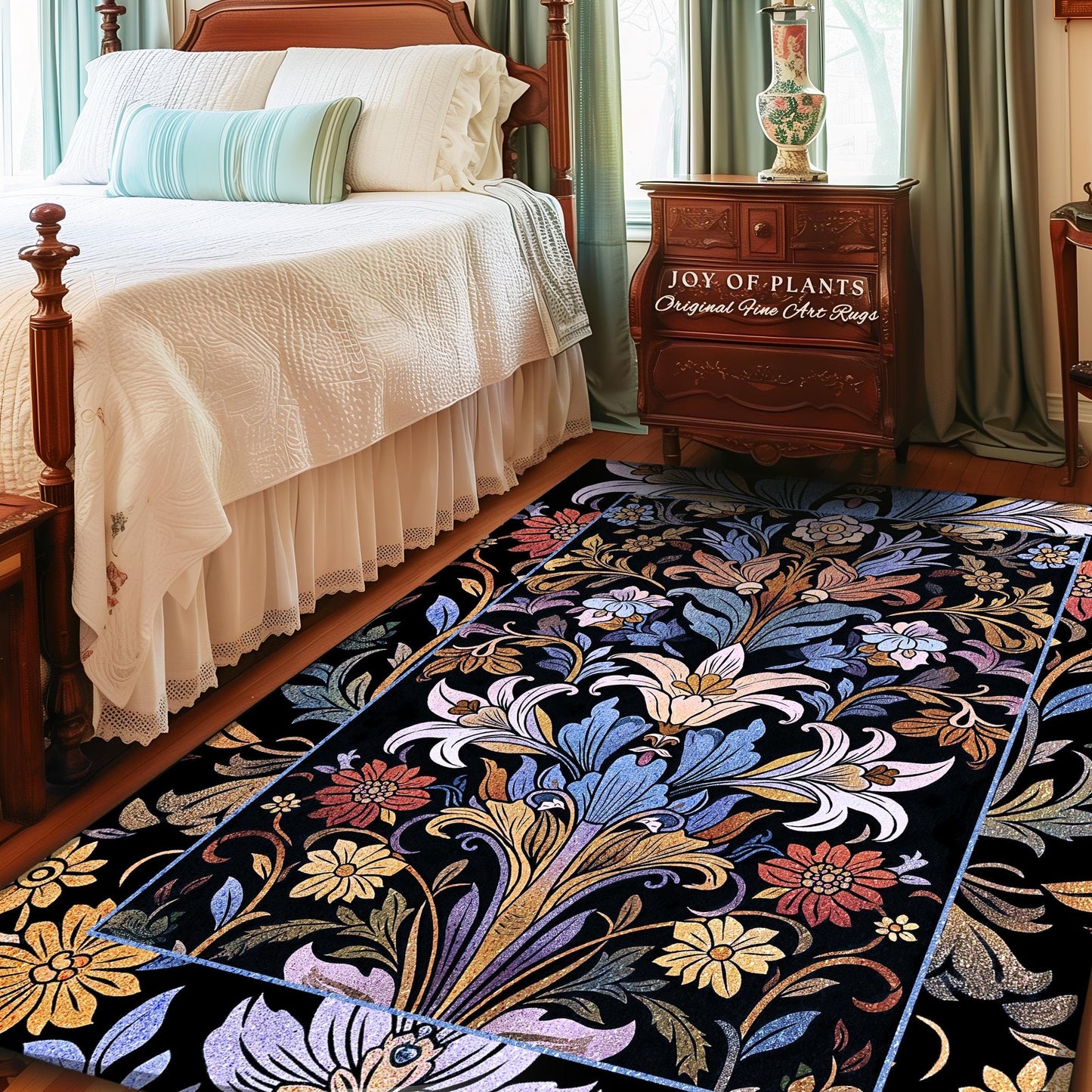 Bohemian Botanical Art Nouveau Floral Rug Enchanted Forest Flower Motifs, Whimsical Cottagecore Charm Fairycore Inspired Boho Folk Art Decor