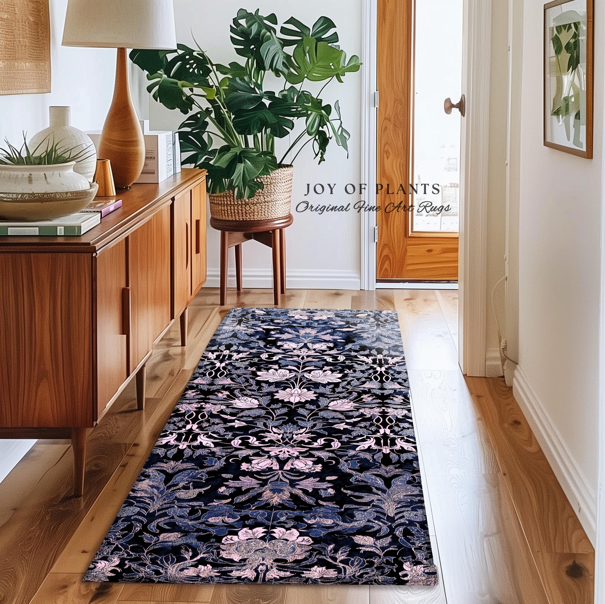 Elegant Fairycore Floral Area Rug | Ornate Renaissance Style Art Deco Aesthetic Purple Dark Botanical Rug William Morris Inspired Wildflower