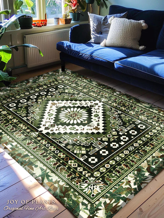 Olive Green Bedroom Rug | Emerald Aesthetic Room Decor Ornate Victorian Floor Rug Scandinavian Bedroom Accent Geometric Rug Nordic Inspired