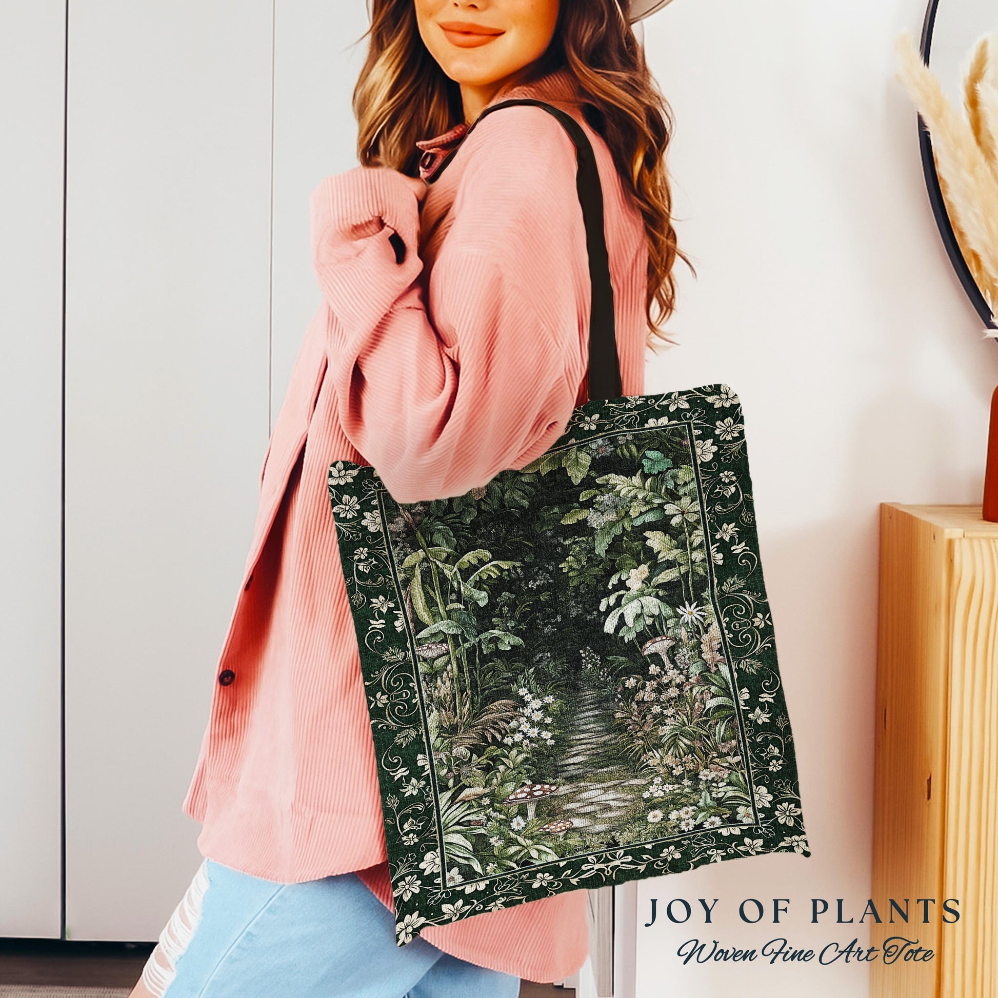 Soft Green Woodland Tote Bag Woven | Fairycore Woodland Nature Lover Book Nook Cozy Earthy Tapestry Bag Boho Accent Jungle Whimsical Style