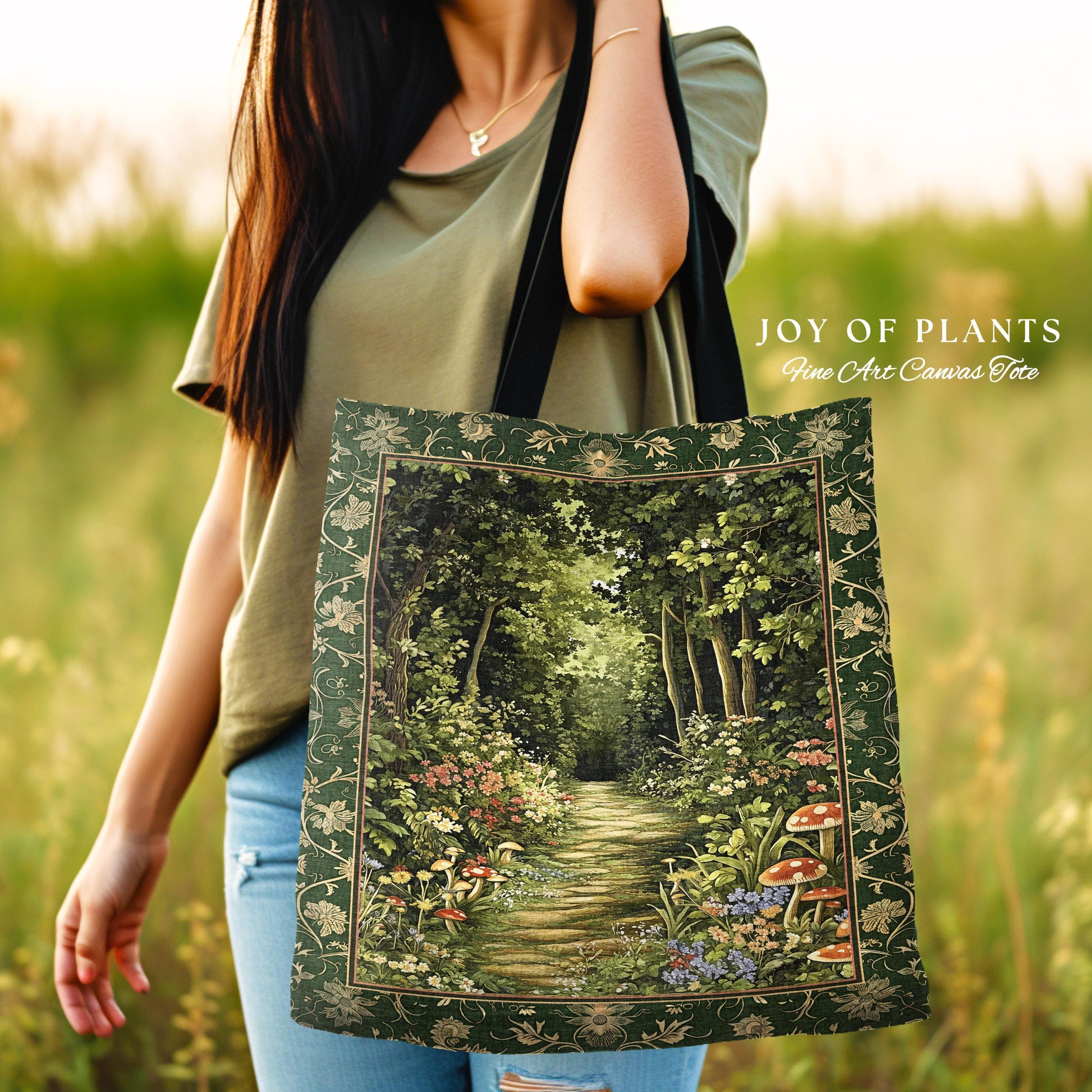 Natural Plants Ethereal Folklore Tote Bag | Woodland Fairy Inspired Nature Lover Gift Cozy Earthy Tapestry Book Bag Mystical Floral Mushroom