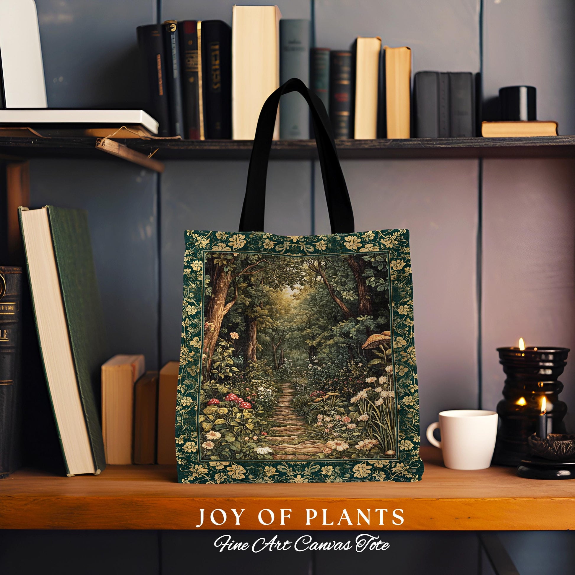 Botanical Style Tapestry Bag Fairycore | Woodland Mushroom Aesthetic Nature Lover Book Bag Tapestry Tote Woven Emerald Green Decor Whimsical