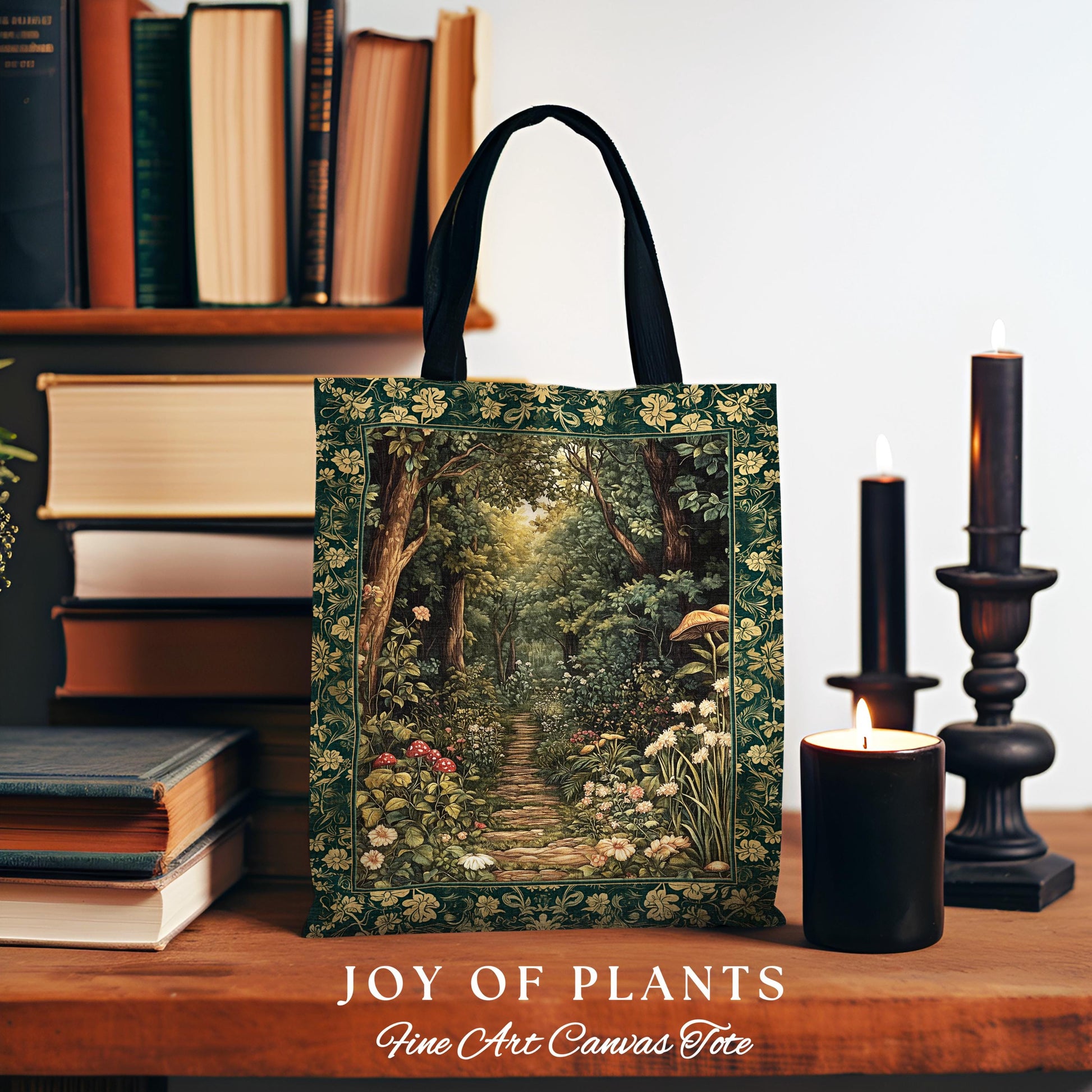 Botanical Style Tapestry Bag Fairycore | Woodland Mushroom Aesthetic Nature Lover Book Bag Tapestry Tote Woven Emerald Green Decor Whimsical