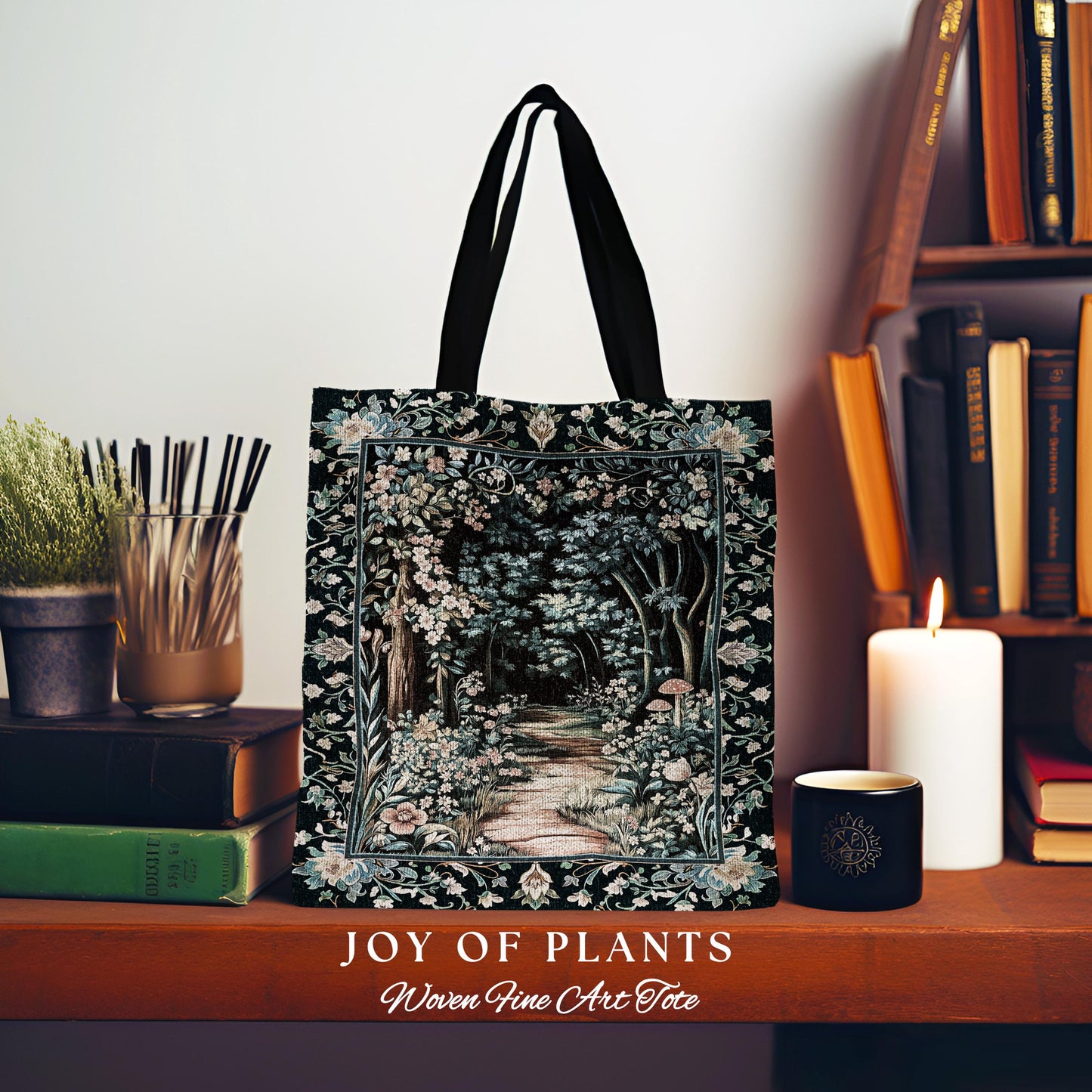 Dreamy Forest Landscape Botanical Tote | Misty Forest Dark Cottagecore Aesthetic Fairycore Bookish Woven Tapestry Bag Magical Jungle Decor |