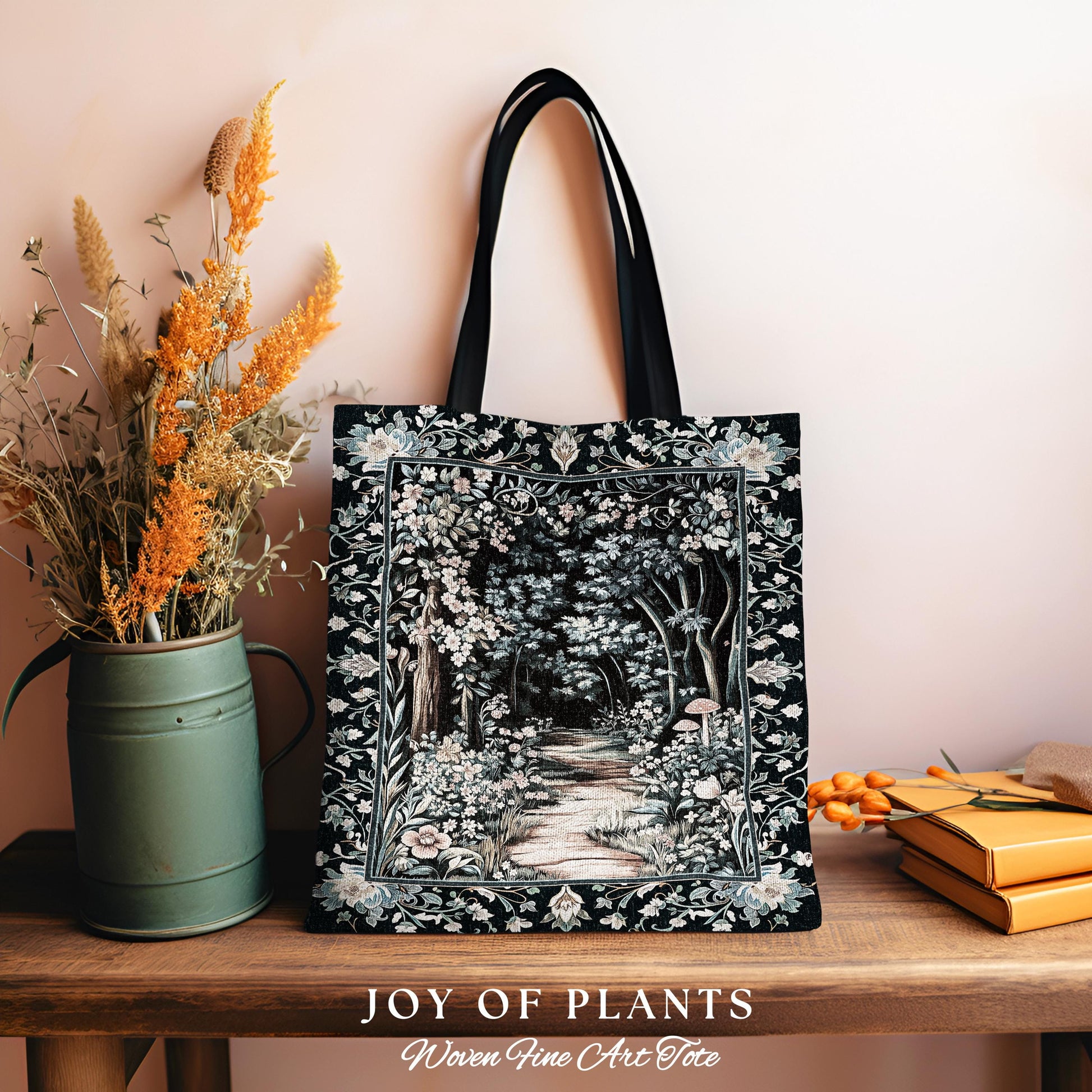Dreamy Forest Landscape Botanical Tote | Misty Forest Dark Cottagecore Aesthetic Fairycore Bookish Woven Tapestry Bag Magical Jungle Decor |