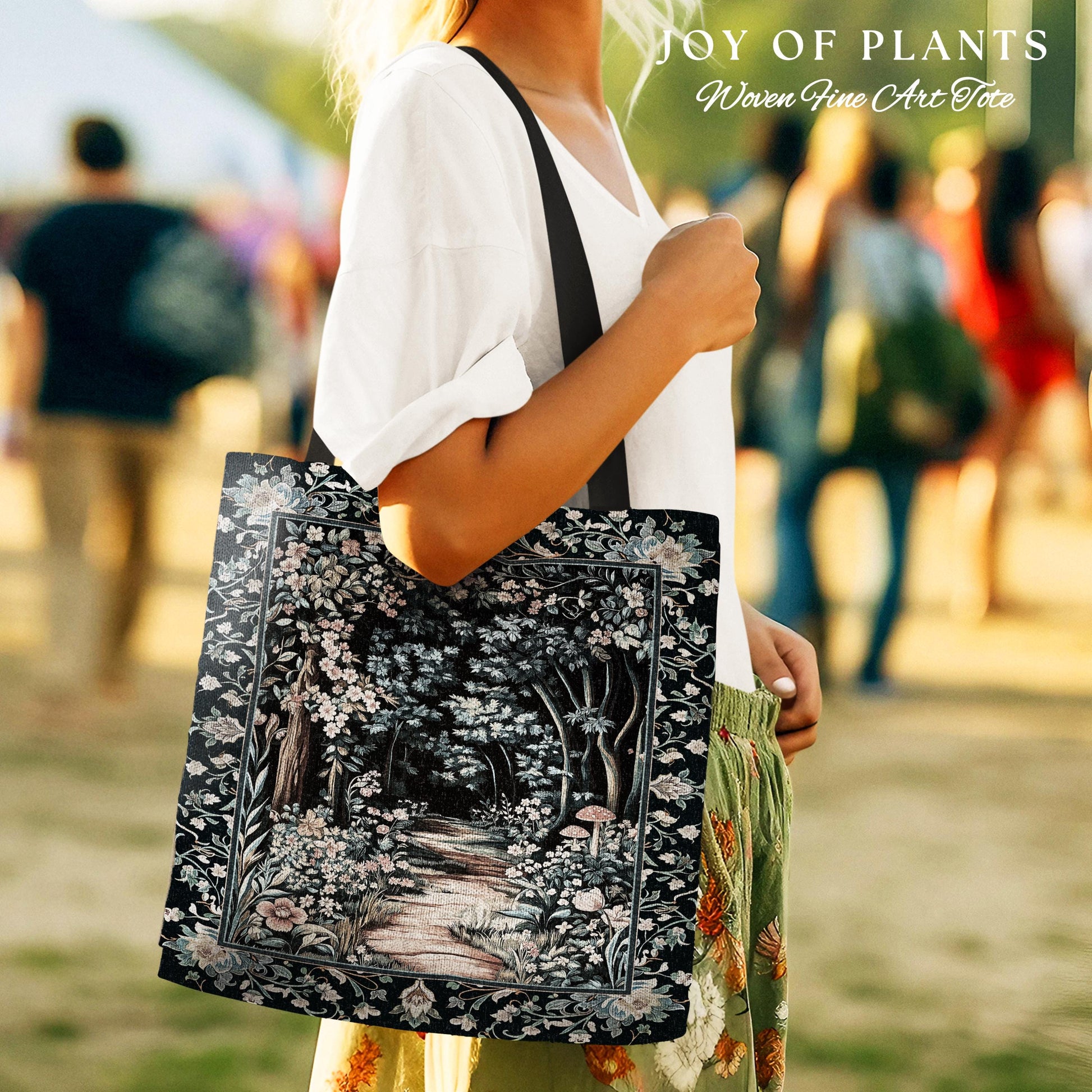 Dreamy Forest Landscape Botanical Tote | Misty Forest Dark Cottagecore Aesthetic Fairycore Bookish Woven Tapestry Bag Magical Jungle Decor |