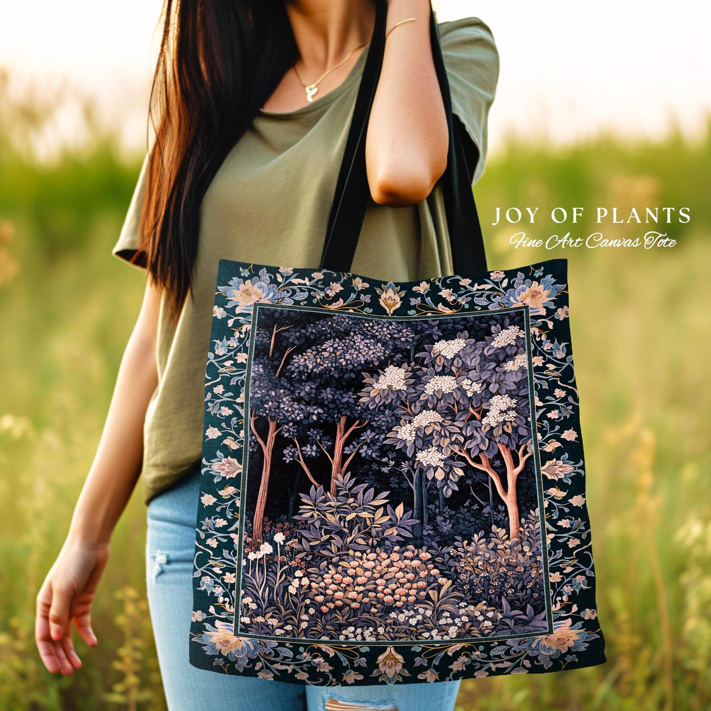 Fairycore Aesthetic Botanical Tapestry Tote Dark Academia Lavender Purple Nature Inspired Ethereal Woodland Wildflowers Enchanted Book Bag