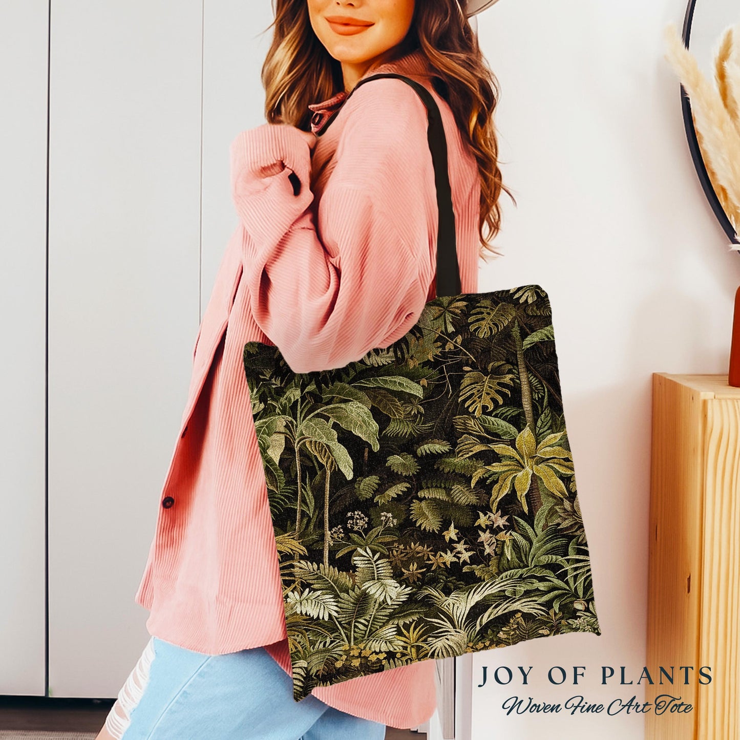 Moody Botanical Jungle Leaves Tote | Eclectic Green Maximalist Woven Tapestry Bag Whimsigoth Vintage Botanical Nature Aesthetic Forest Style