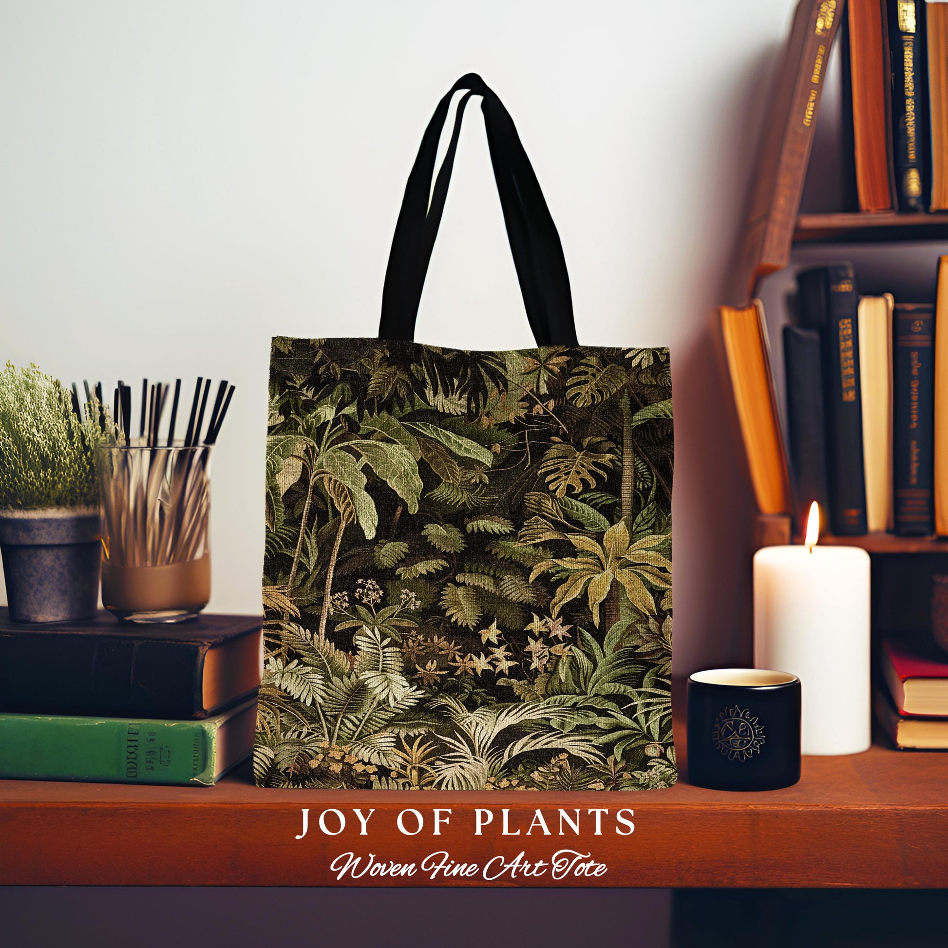 Moody Botanical Jungle Leaves Tote | Eclectic Green Maximalist Woven Tapestry Bag Whimsigoth Vintage Botanical Nature Aesthetic Forest Style