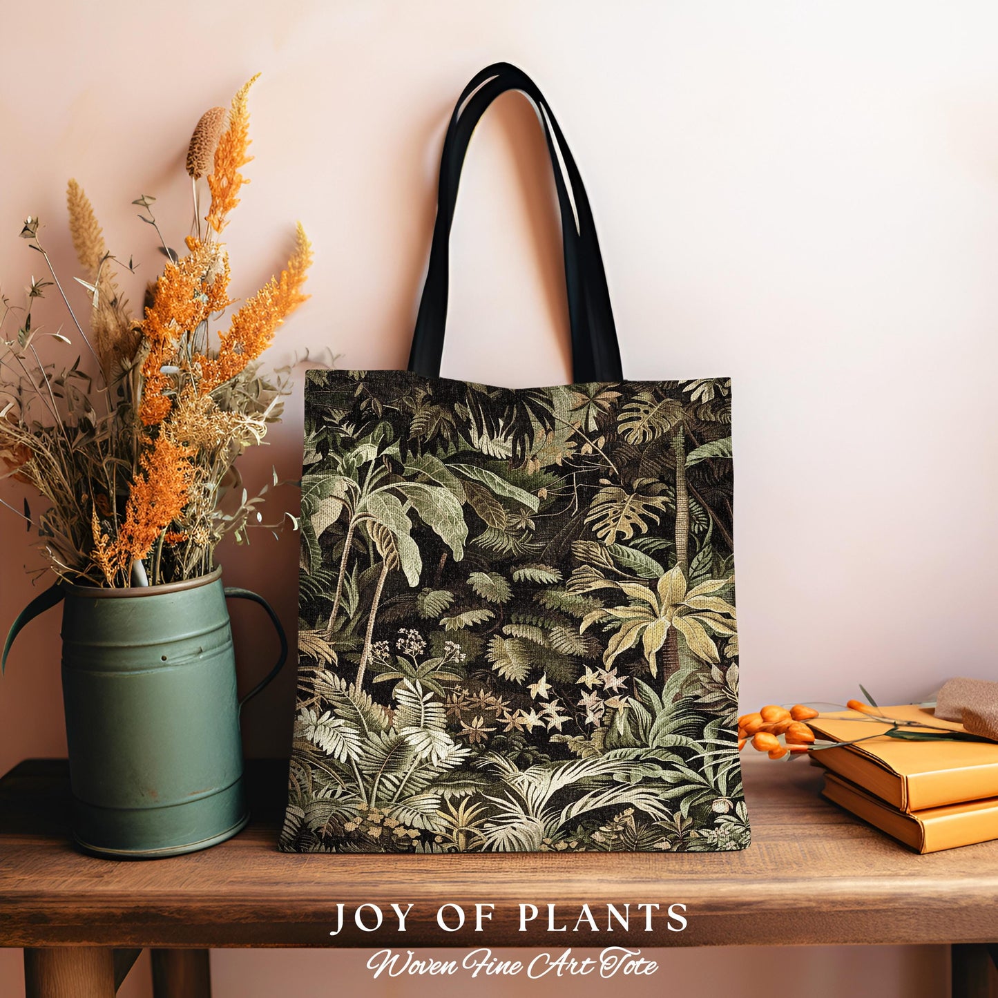 Moody Botanical Jungle Leaves Tote | Eclectic Green Maximalist Woven Tapestry Bag Whimsigoth Vintage Botanical Nature Aesthetic Forest Style
