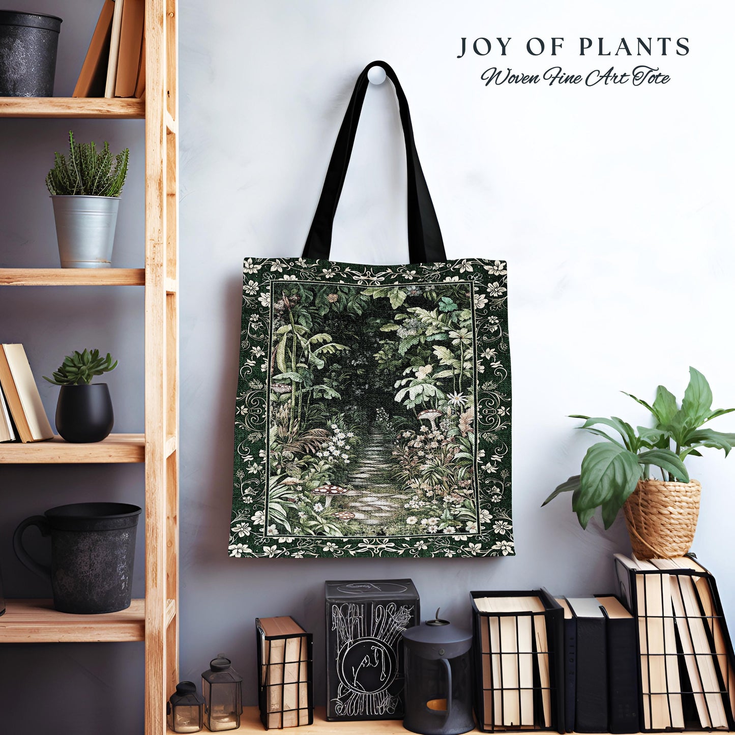 Soft Green Woodland Tote Bag Woven | Fairycore Woodland Nature Lover Book Nook Cozy Earthy Tapestry Bag Boho Accent Jungle Whimsical Style