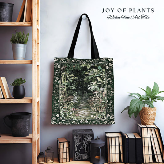 Soft Green Woodland Tote Bag Woven | Fairycore Woodland Nature Lover Book Nook Cozy Earthy Tapestry Bag Boho Accent Jungle Whimsical Style