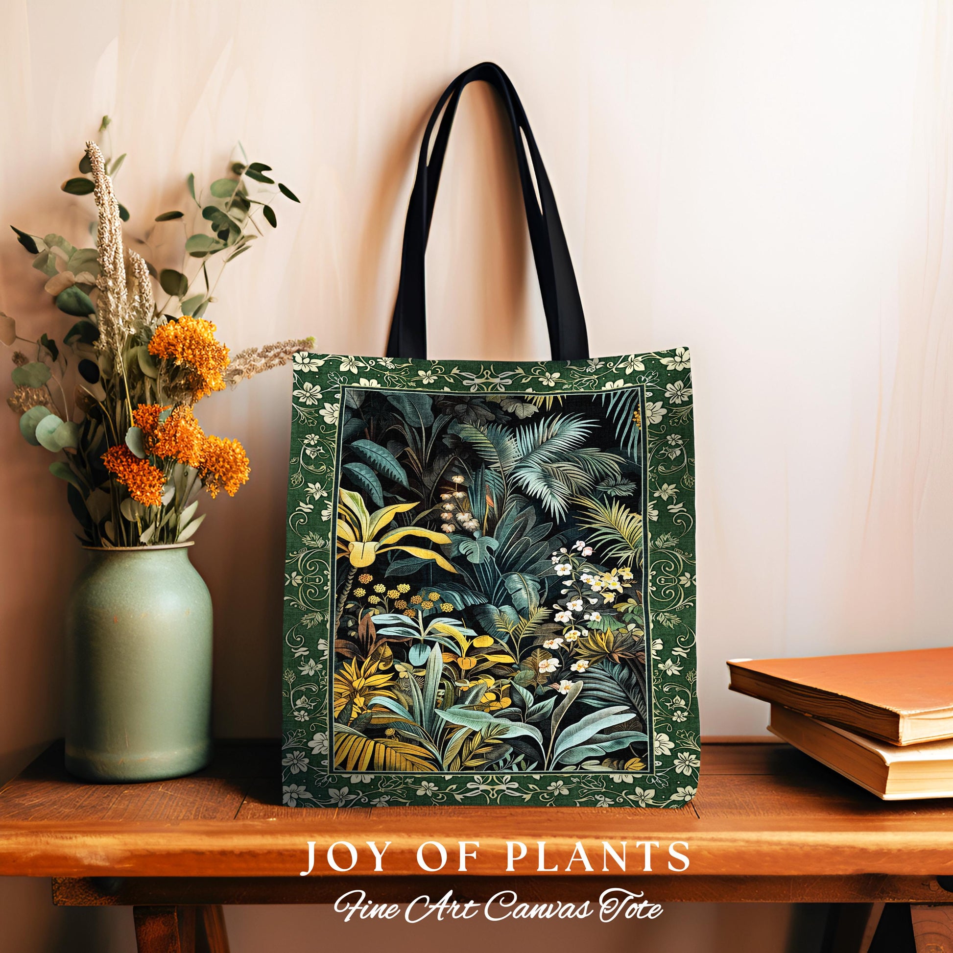 Jungle Leaves Botanical Woven Tote | Tropical Jungle Nature Lover Book Bag Cozy Plant Lover Boho Aesthetic Style Elegant Tapestry Bag Green