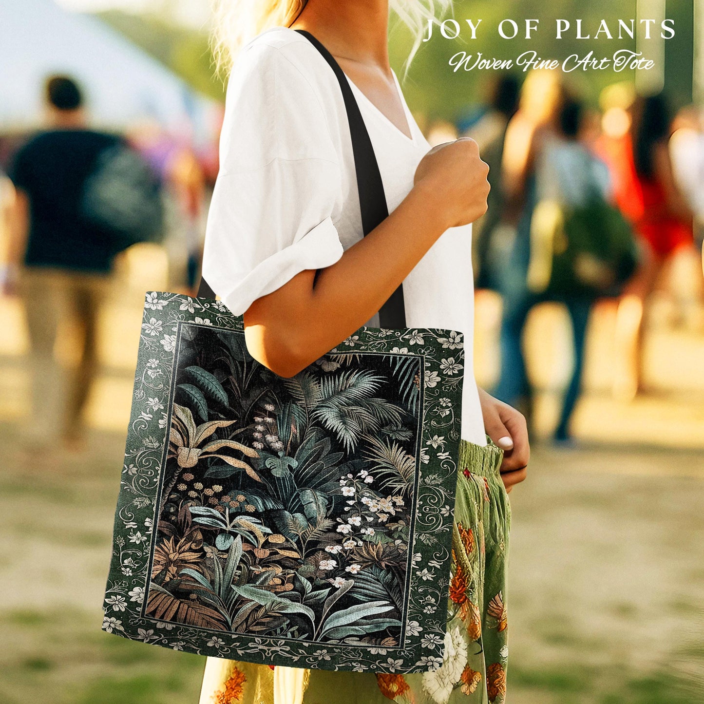 Jungle Leaves Botanical Woven Tote | Tropical Jungle Nature Lover Book Bag Cozy Plant Lover Boho Aesthetic Style Elegant Tapestry Bag Green
