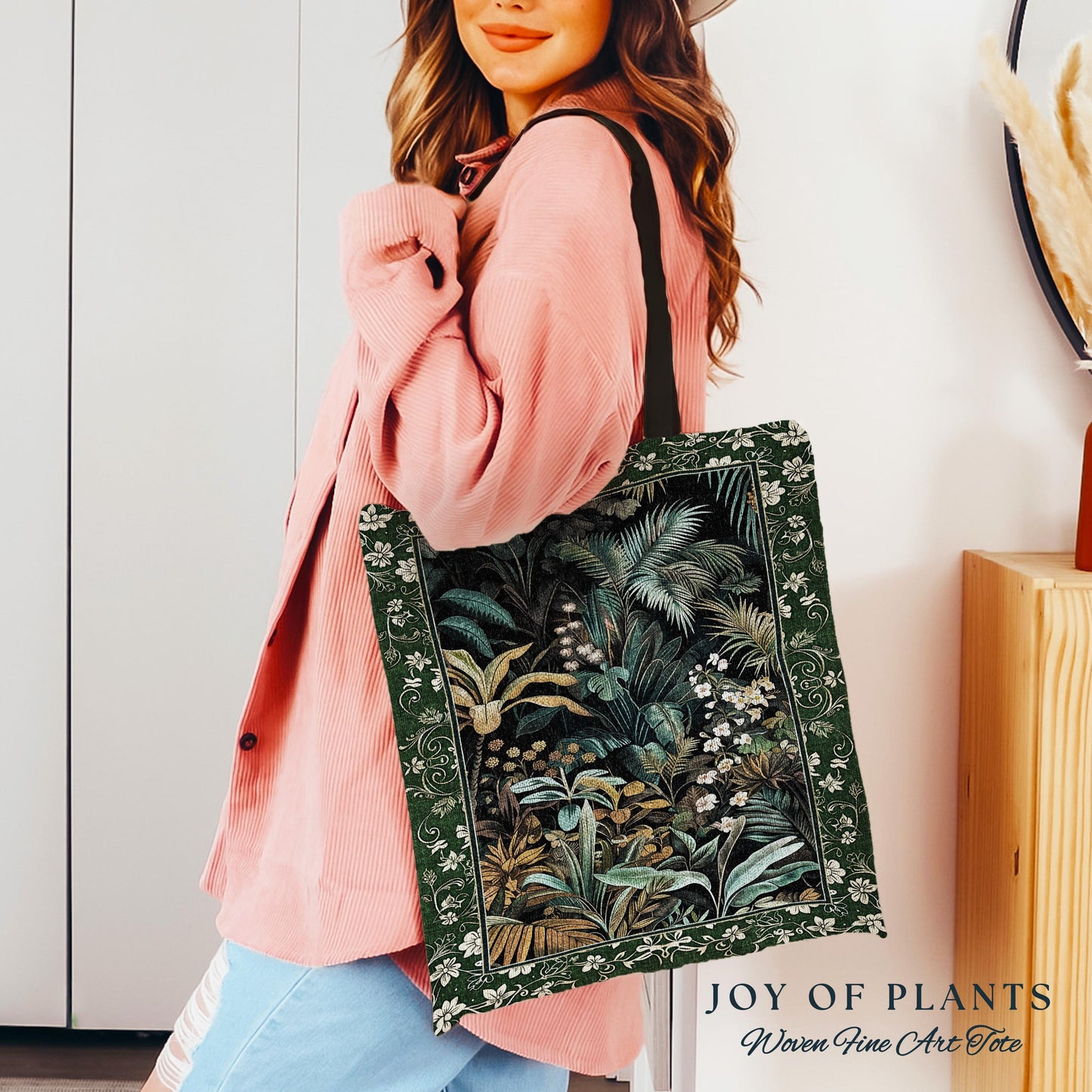 Jungle Leaves Botanical Woven Tote | Tropical Jungle Nature Lover Book Bag Cozy Plant Lover Boho Aesthetic Style Elegant Tapestry Bag Green