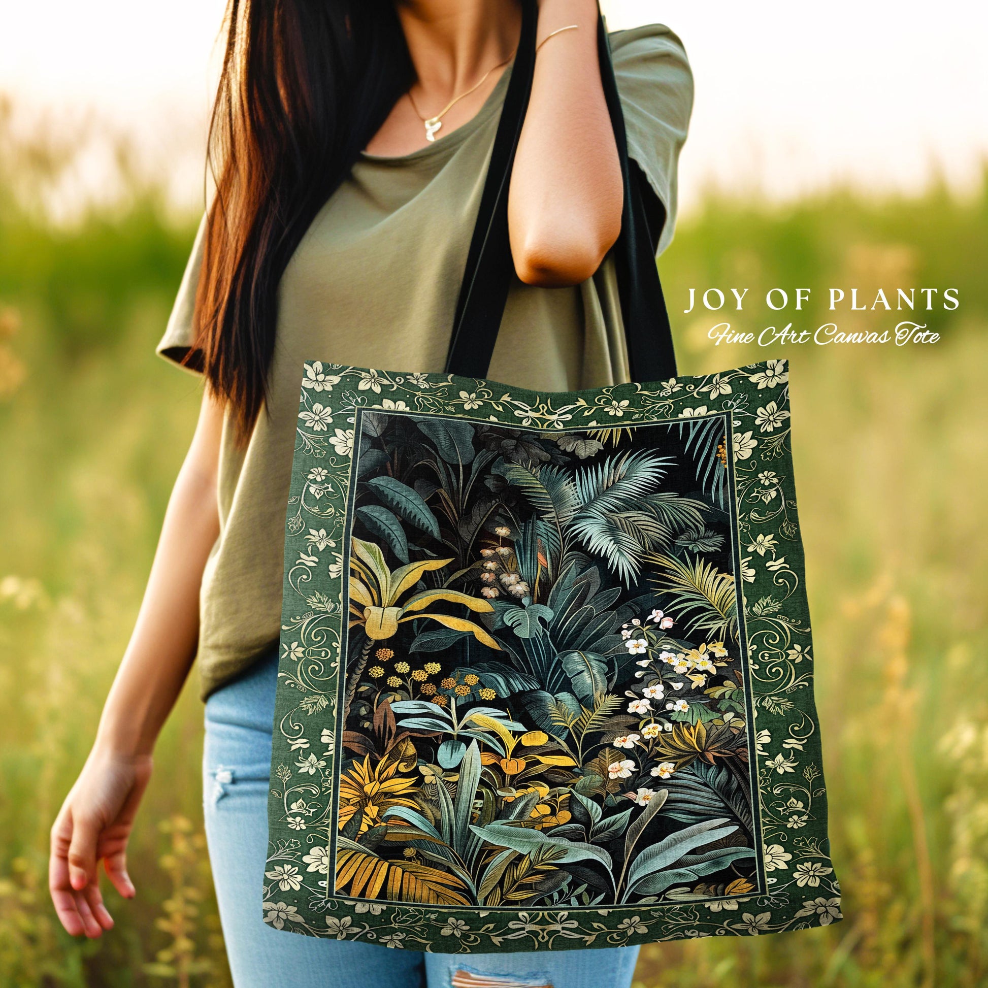 Jungle Leaves Botanical Woven Tote | Tropical Jungle Nature Lover Book Bag Cozy Plant Lover Boho Aesthetic Style Elegant Tapestry Bag Green