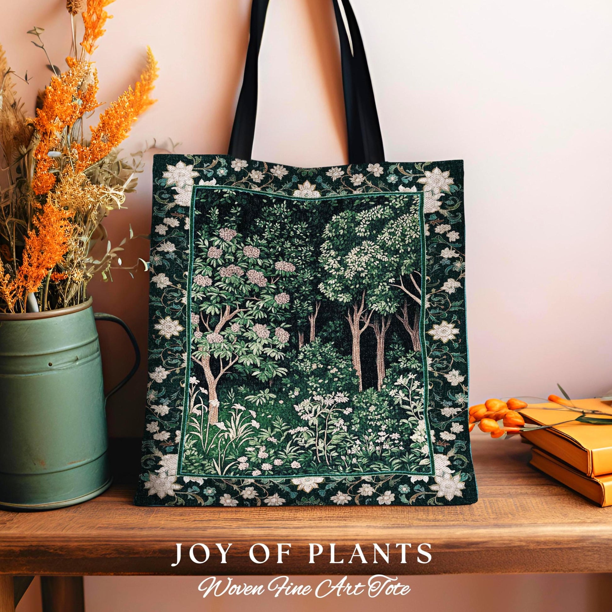 Dark Woodland Whimsical Forest Tote Bag | Whimsigothic Folklore Inspired Style Ethereal Aesthetic Woven Tapestry Bag Fairycore Wildflowers