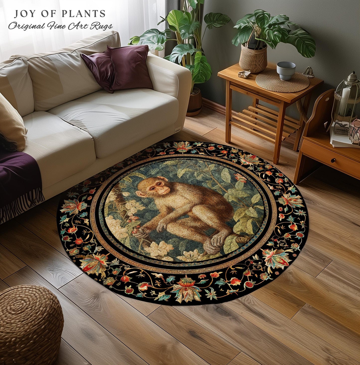 Light Academia Round Monkey Rug Mystical Aesthetic | Pastel Floral Accent Botanical Woodland Decor William Morris Inspired Cottagecore Room