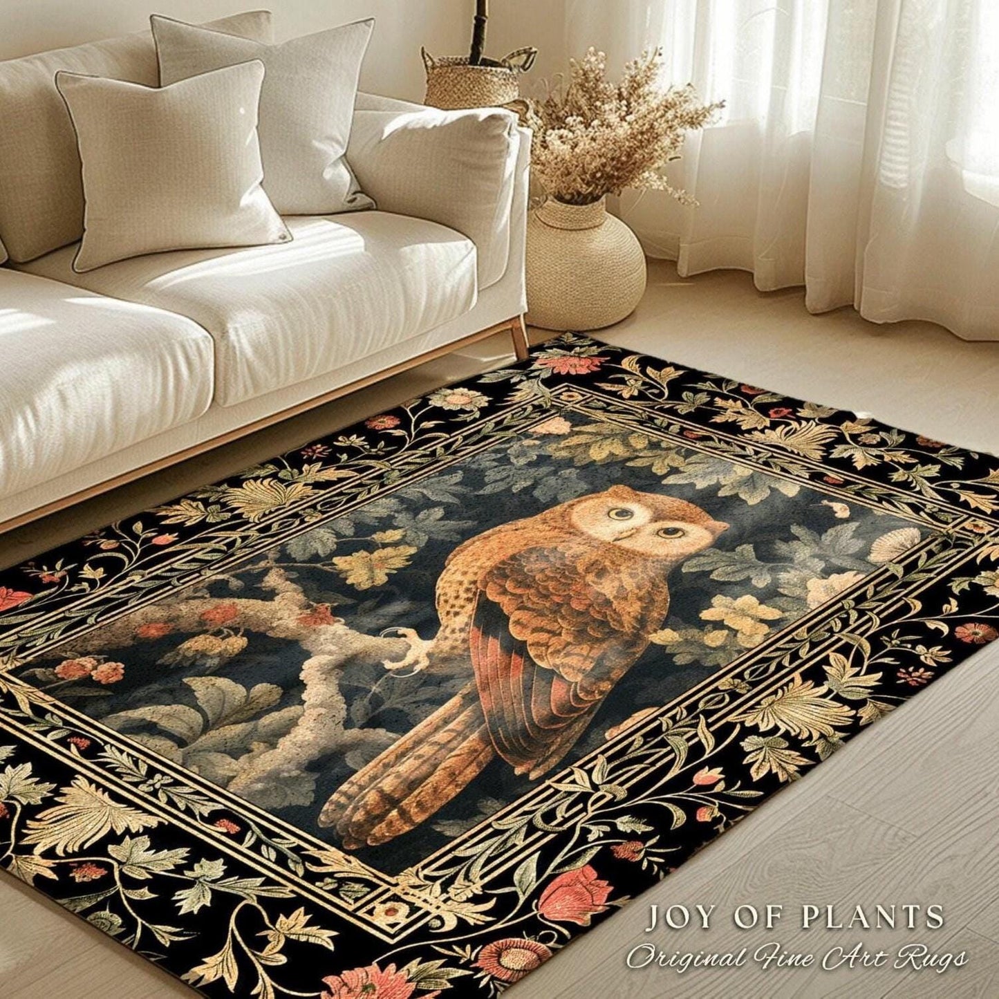 Ethereal Floral Owl Rug Bedroom Woodland Decor Morris Inspired Cottagecore, Whimsical Room Soft Aesthetic Academia Style Celestial Owl Rug