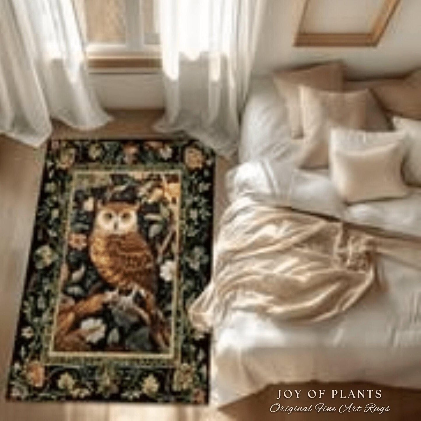 Whimsigoth Owl Area Rug | Ethereal Book Nook Decor William Morris Inspired Gift for Reader Whimsical Room Soft Aesthetic Dark Academia Style